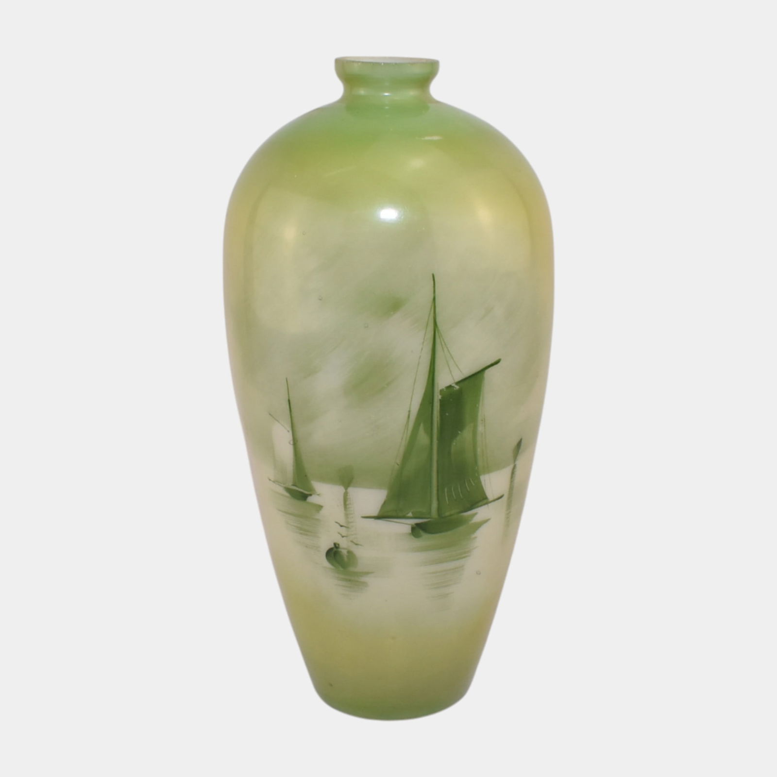 Art Nouveau Green Seascape With Sailboats Painted Milk Glass Vase (1 of 3)
