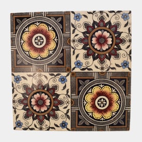 Arts And Crafts Polychrome Floral Four-Panel Art Pottery Tile