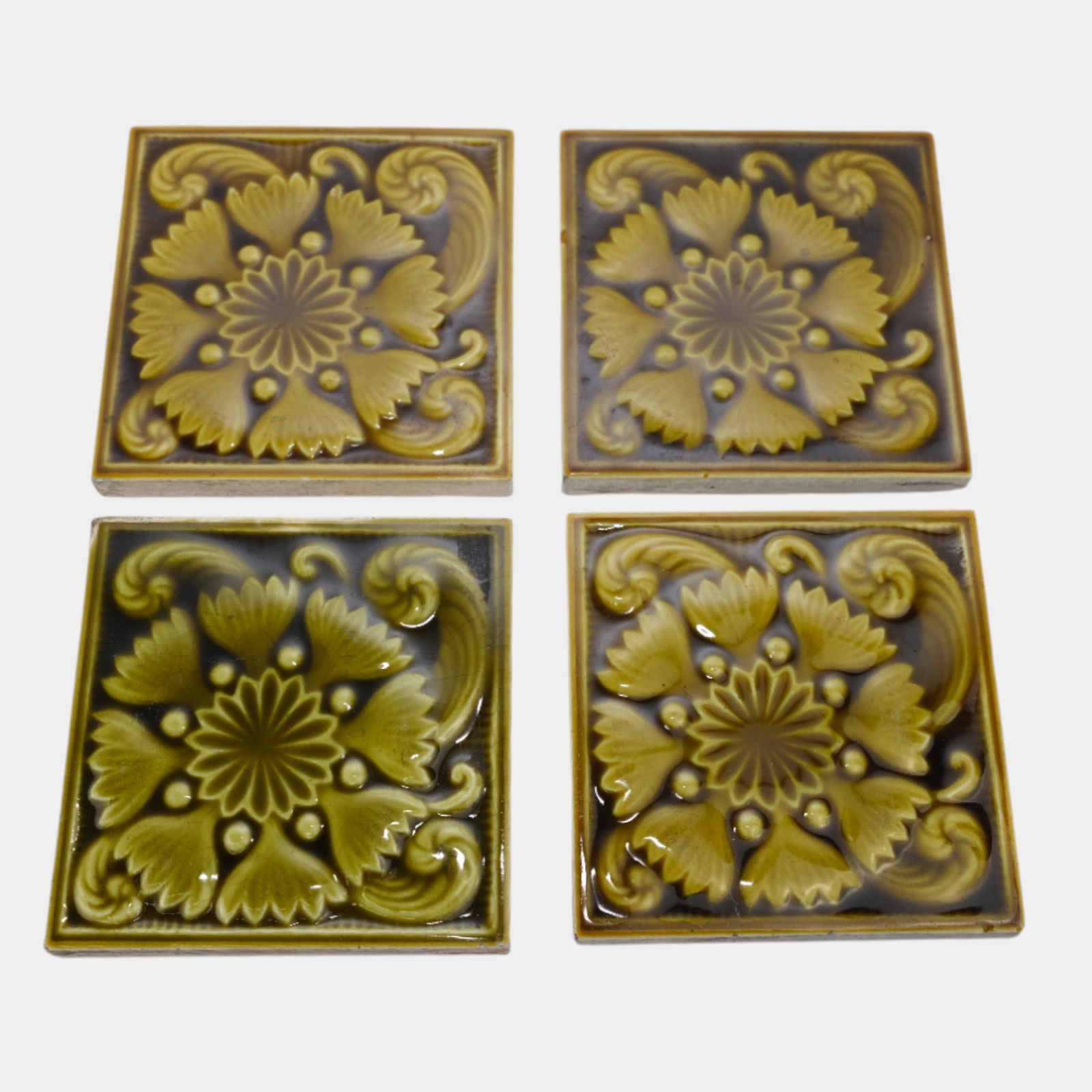Arts And Crafts Brown Green Majolica Floral Relief Set Of Art Pottery Tiles (1 of 5)