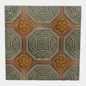 Arts And Crafts Brown Green Majolica Floral Relief Art Pottery Tile
