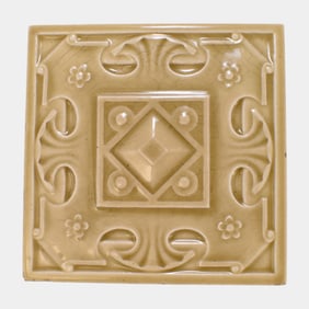 Late 1800s Art Pottery Art Nouveau Tan Majolica Geometric Floral Ceramic Tile