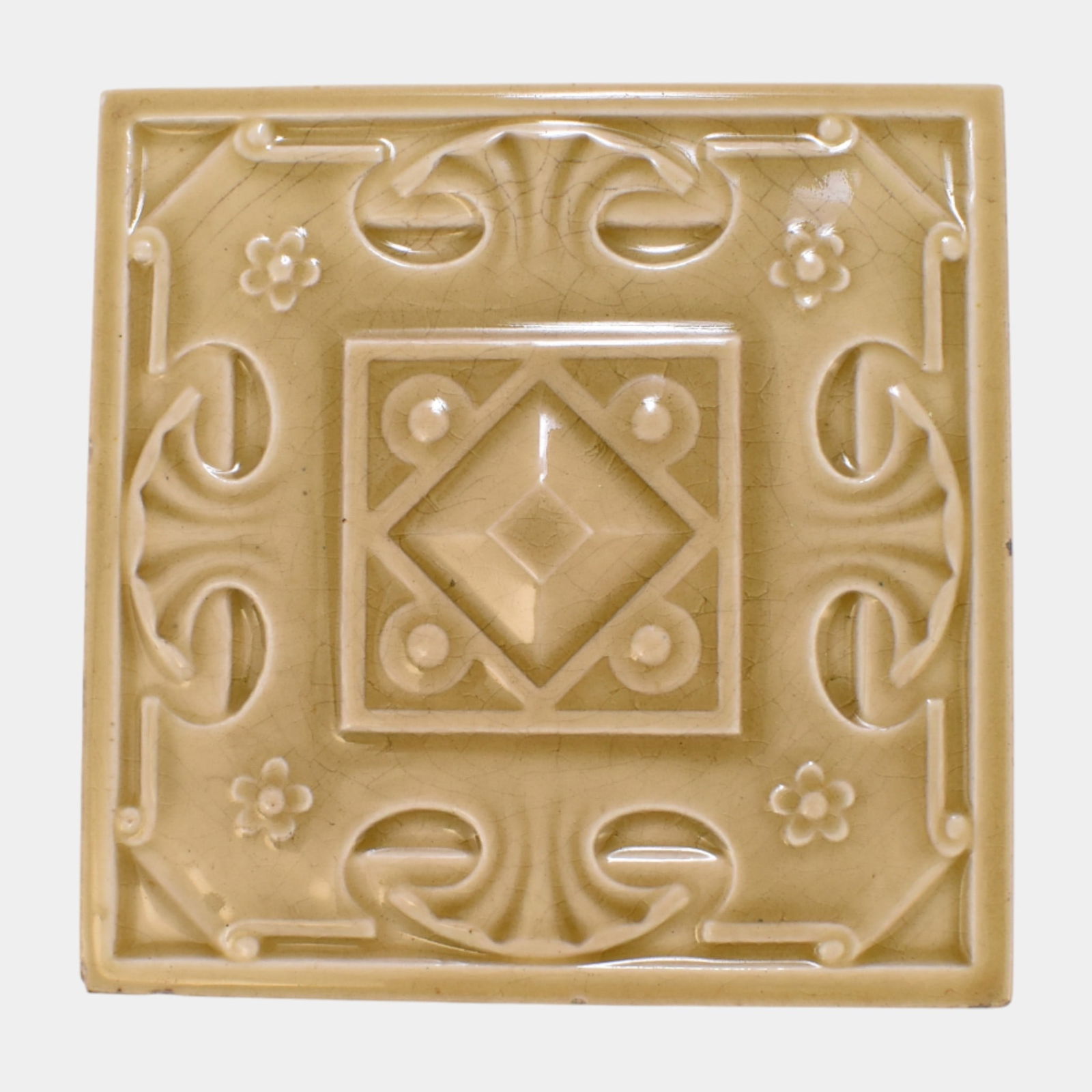 Late 1800s Art Pottery Art Nouveau Tan Majolica Geometric Floral Ceramic Tile (1 of 3)