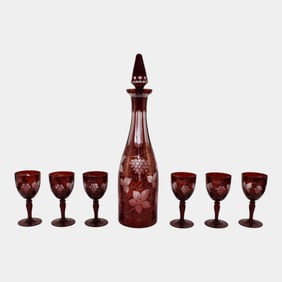 Egermann Bohemian Ruby Red Cut To Clear Glass Decanter and Wine Goblets