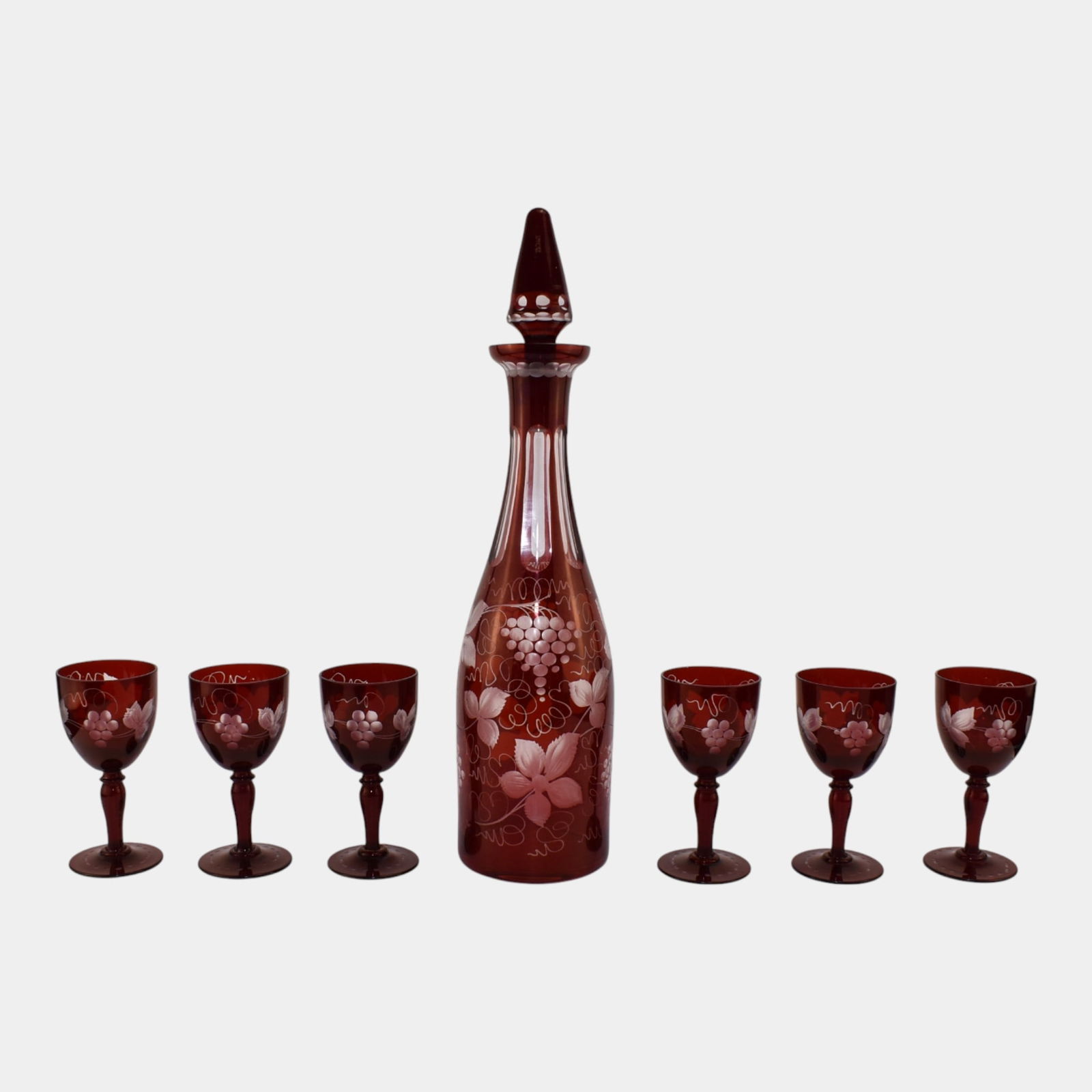 Egermann Bohemian Ruby Red Cut To Clear Glass Decanter and Wine Goblets (1 of 6)