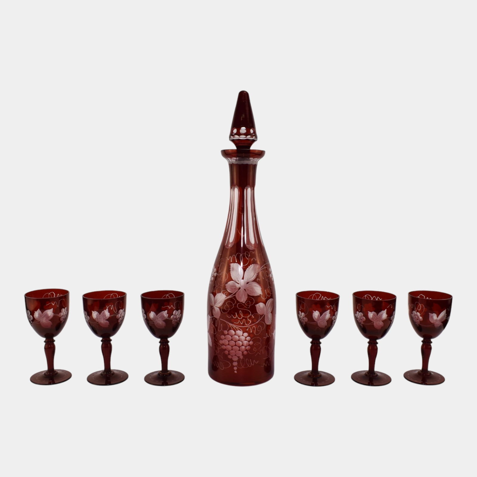 Egermann Bohemian Ruby Red Cut To Clear Glass Decanter and Wine Goblets - 2