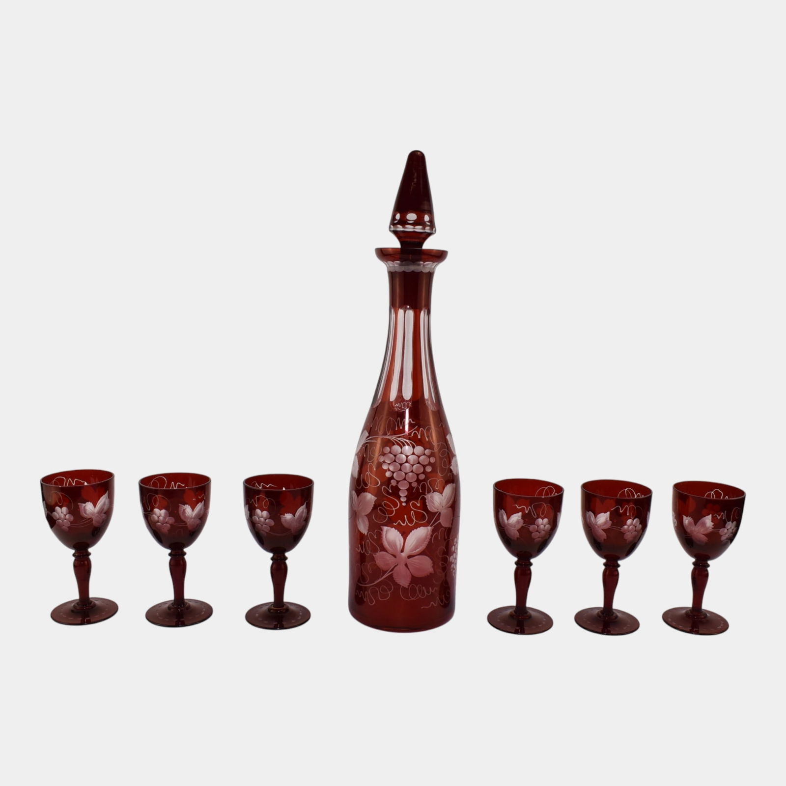 Egermann Bohemian Ruby Red Cut To Clear Glass Decanter and Wine Goblets - 3