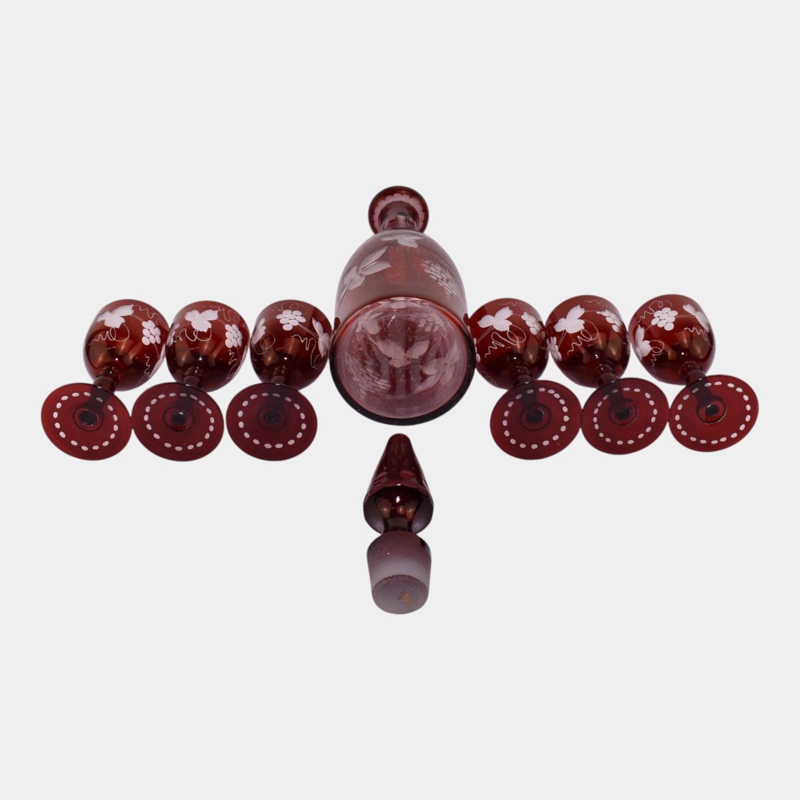 Egermann Bohemian Ruby Red Cut To Clear Glass Decanter and Wine Goblets - 5