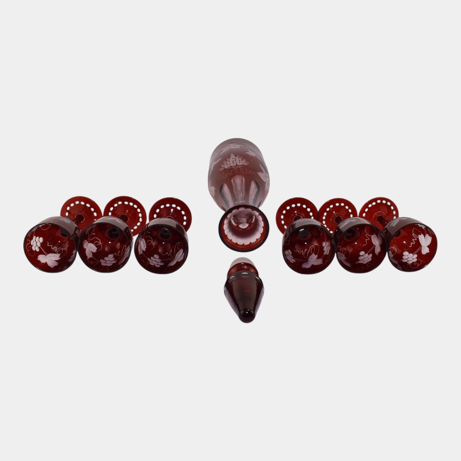 Egermann Bohemian Ruby Red Cut To Clear Glass Decanter and Wine Goblets - 6