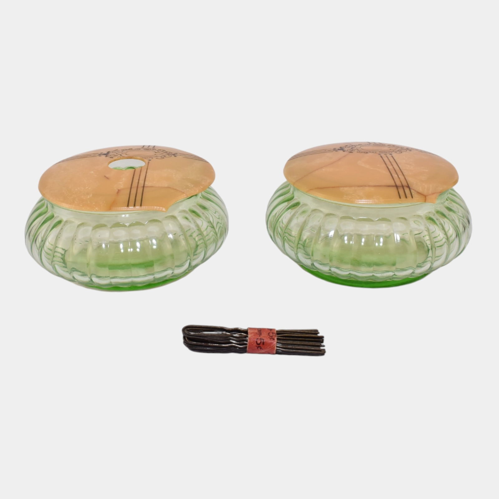Art Deco Uranium Green Depression Glass Celluloid Lidded Powder Jars (1 of 4)