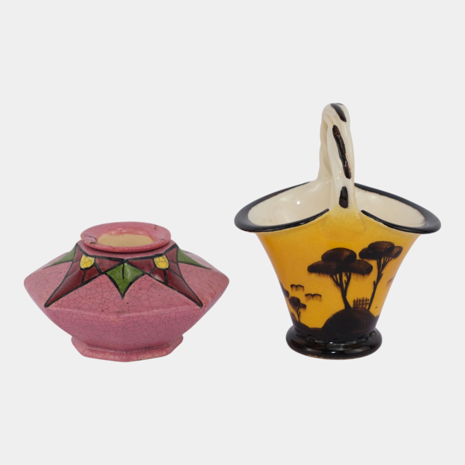 French Vallauris Artist Signed Hand Painted Basket Aladin Art Deco Ink Well: Professional, fast, and affordable in house shipping available for all items. French Vallauris Artist Signed Hand Painted Basket Aladin Art Deco Ink Well Basket is excellent condition with no damage.