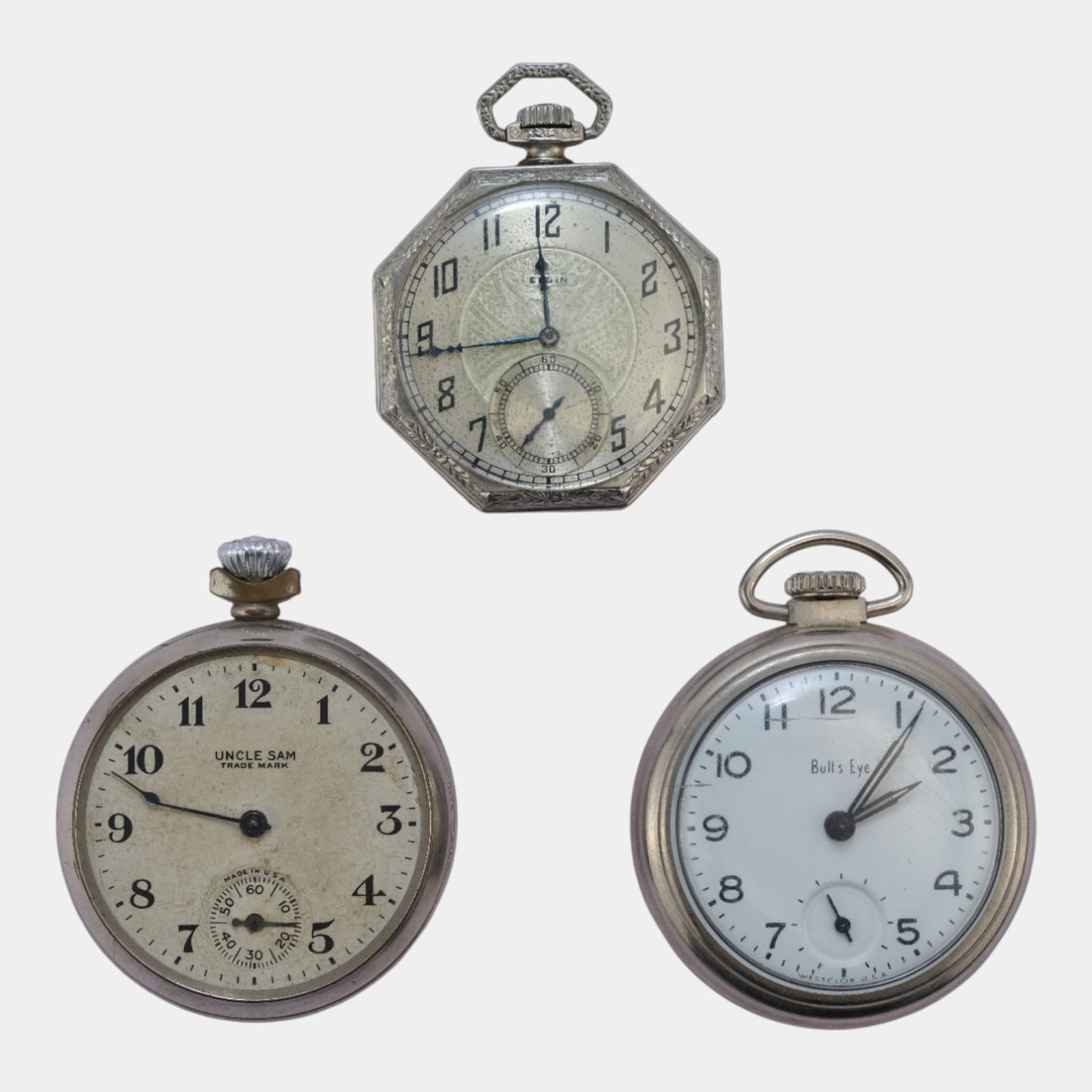 Elgin, Bulls Eye, & Ingraham Uncle Sam Open Face Silver Tone Pocket Watches (1 of 3)