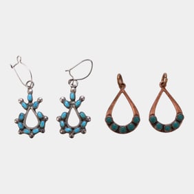 Native American Mid Century Sterling And Copper Turquoise Drop Earring Sets
