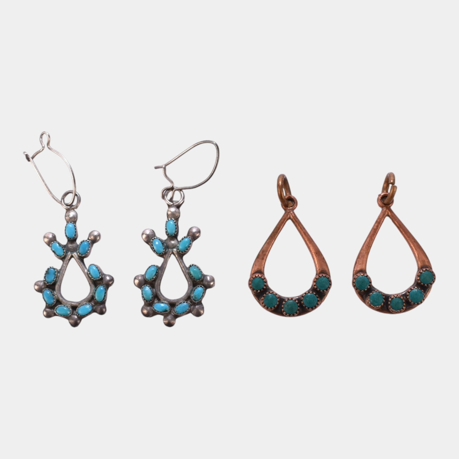 Native American Mid Century Sterling And Copper Turquoise Drop Earring Sets (1 of 4)