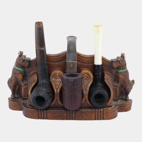 Syroco Wood Mid Century Corgi Dogs Three Pipe Rest Holder With Wooden Pipes