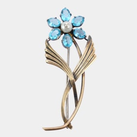 Symmetalic 1940s Sterling Silver Flower Brooch With Topaz Petals & Pearl Center