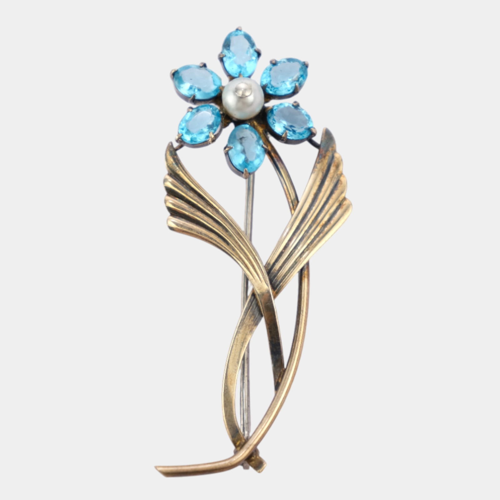 Symmetalic 1940s Sterling Silver Flower Brooch With Topaz Petals & Pearl Center (1 of 3)