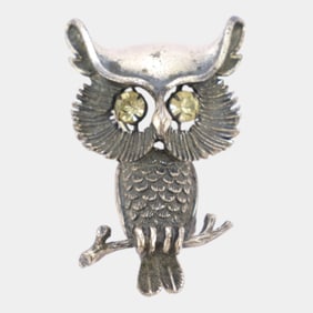 Beau Mid Century Sterling Silver Perched Owl On Branch Rhinestone Eyed Brooch