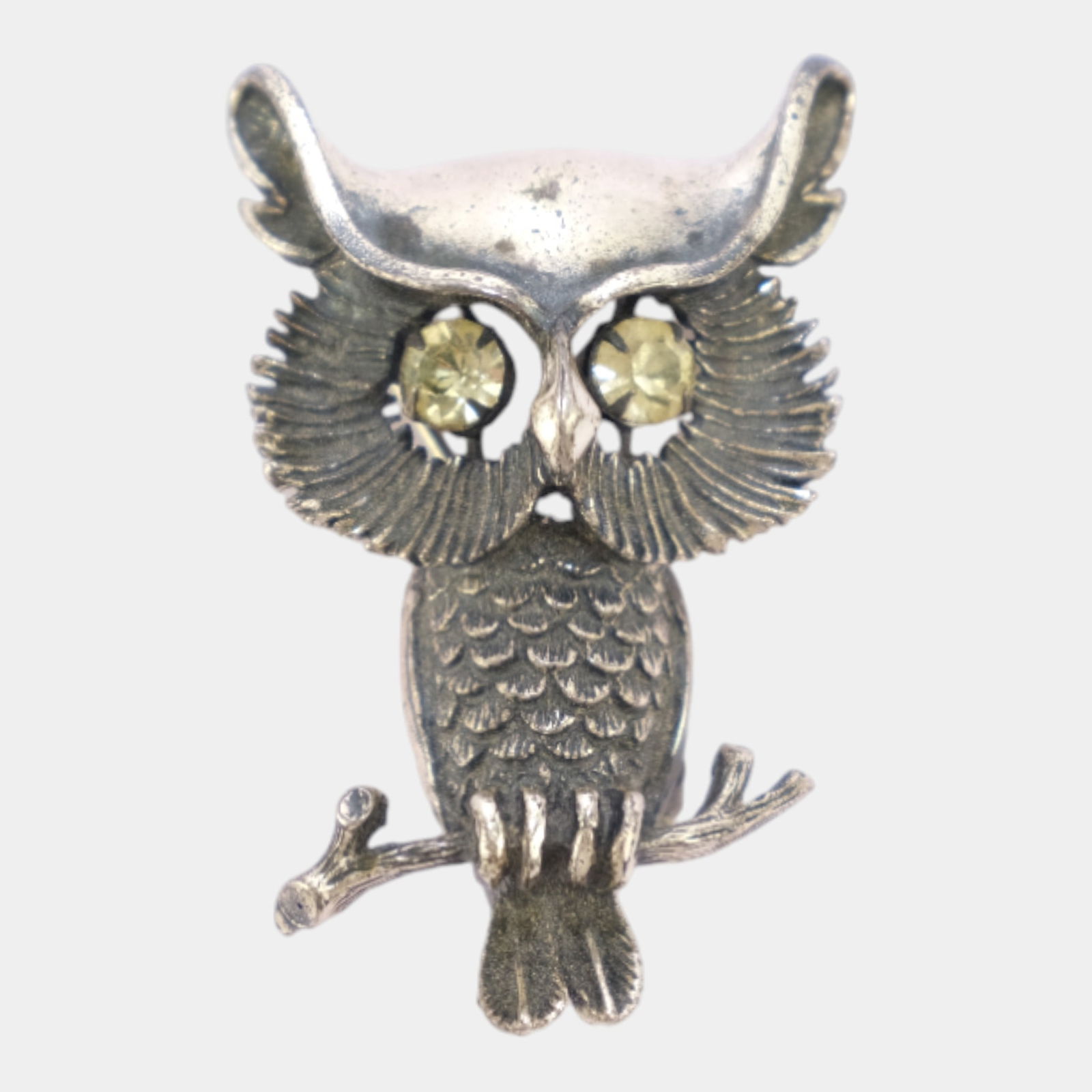 Beau Mid Century Sterling Silver Perched Owl On Branch Rhinestone Eyed Brooch (1 of 4)