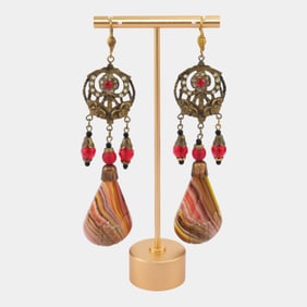 Czechoslovakia 1930s Pink Brown Poured Glass Beaded Brass Filigree Drop Earrings