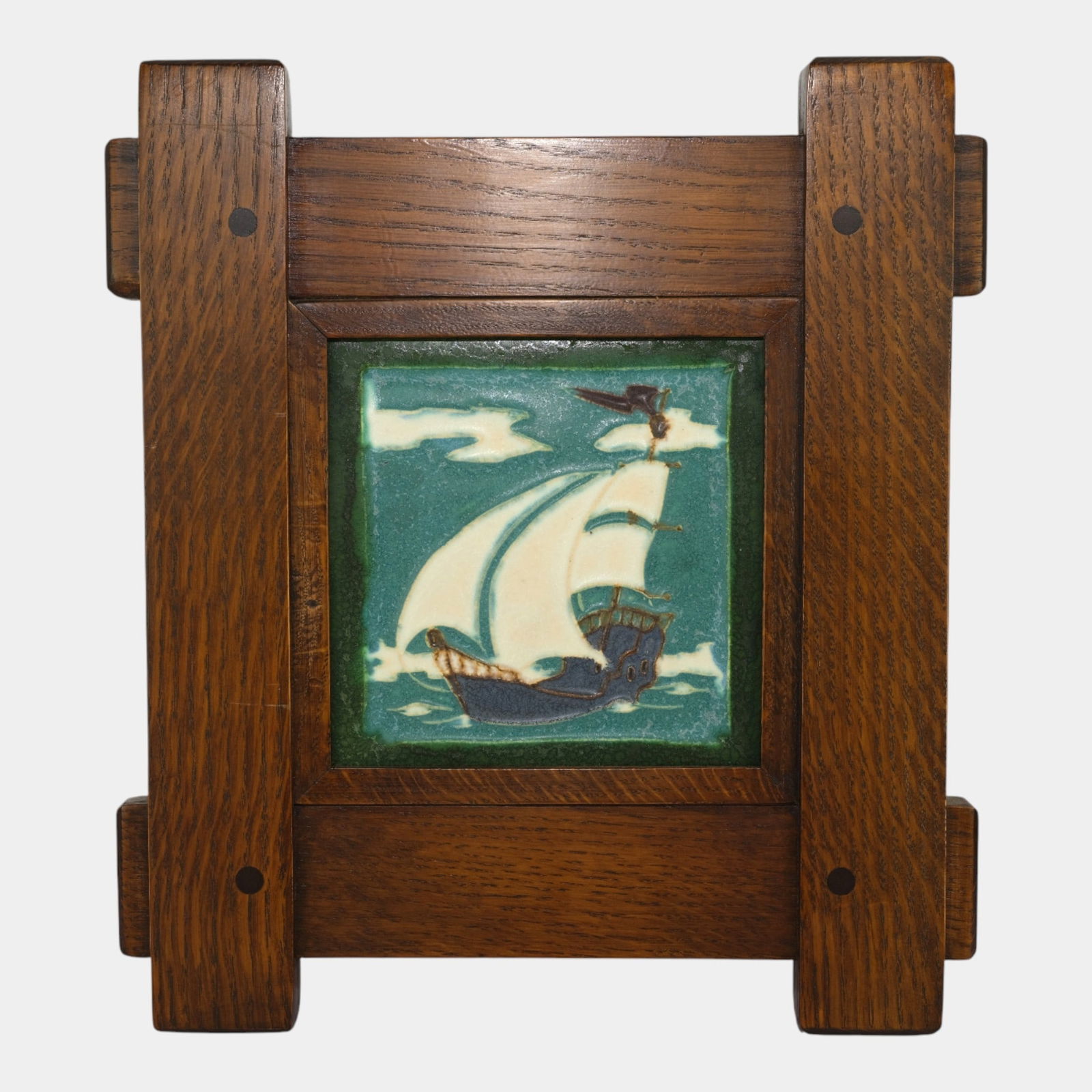 Ephraim Faience 2000 Hand Made Art Pottery Framed "North Wind" Ship Tile (1 of 2)