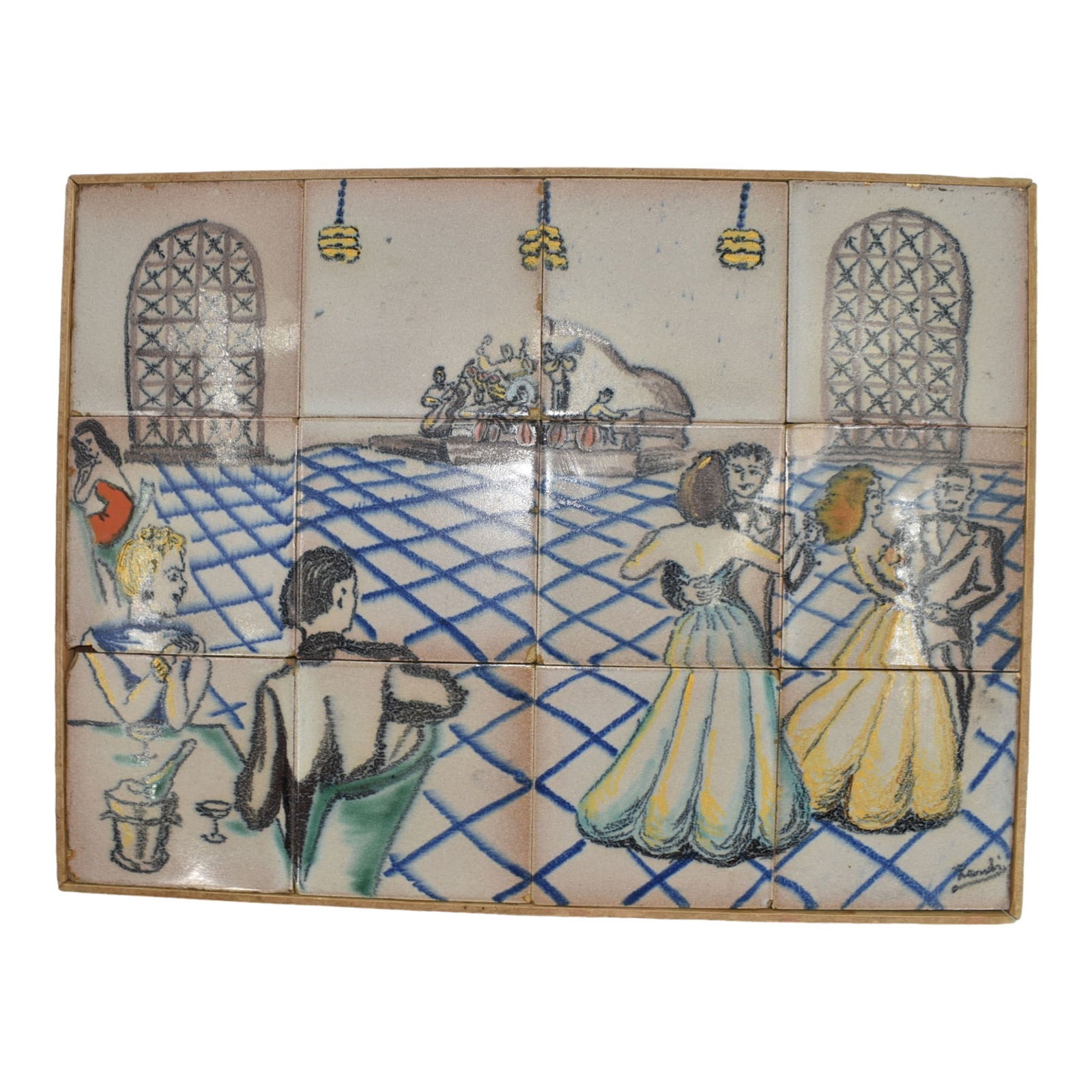 Elegant Scenic Ballroom Hand Painted Mural Art Pottery Wooden Tile Top Table: We offer affordable in-house shipping on all items. Elegant Scenic Ballroom Hand Painted Mural Art Pottery Wooden Tile Top Table Whimsically narrative and richly decorative, this early 20th-century t