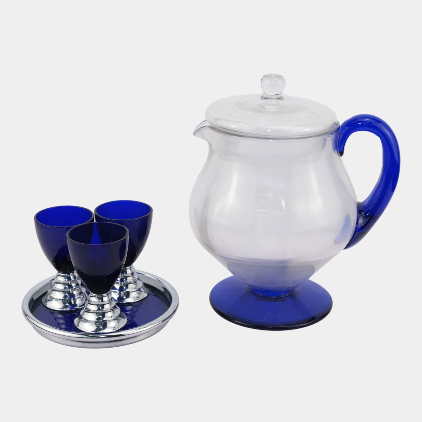 Harry Laylon For Chase Art Deco Chrome Blue Moon Glasses & Tray With Pitcher (1 of 4)