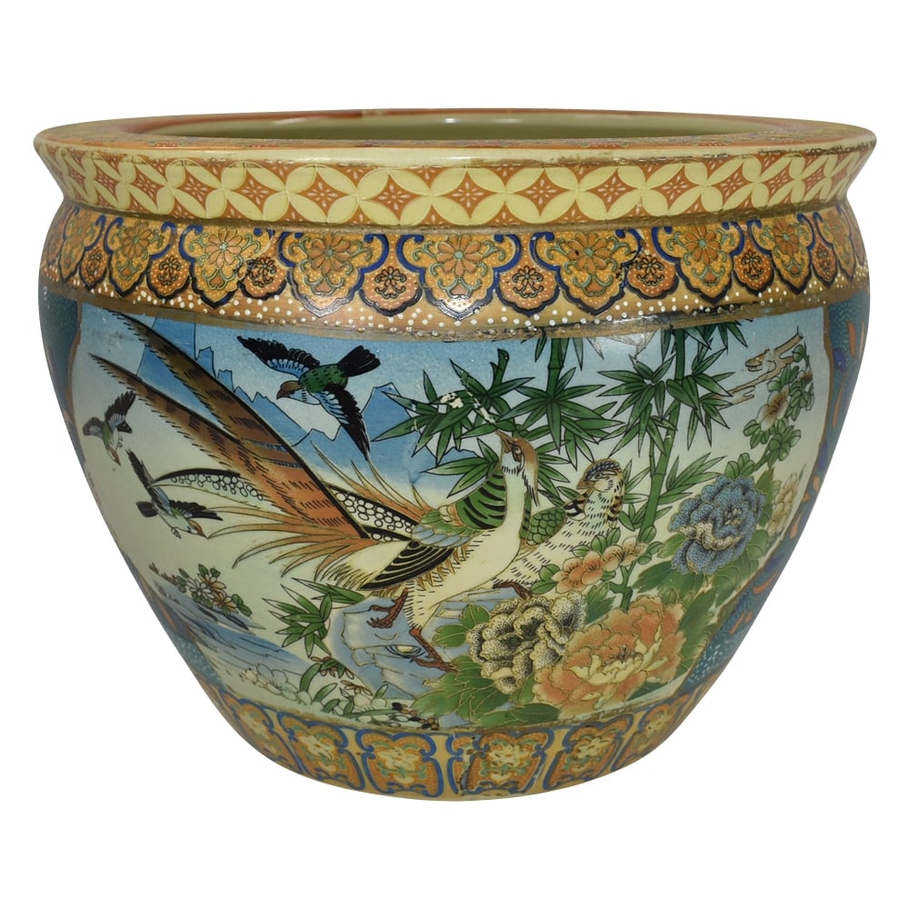 20th Century Asian Porcelain Satsuma Birds And Fish Scenic Jardiniere Planter: We offer affordable in-house shipping on all items. 20th Century Asian Porcelain Satsuma Birds And Fish Scenic Jardiniere Planter Large and impressive form with colorful and scenic artwork on the out