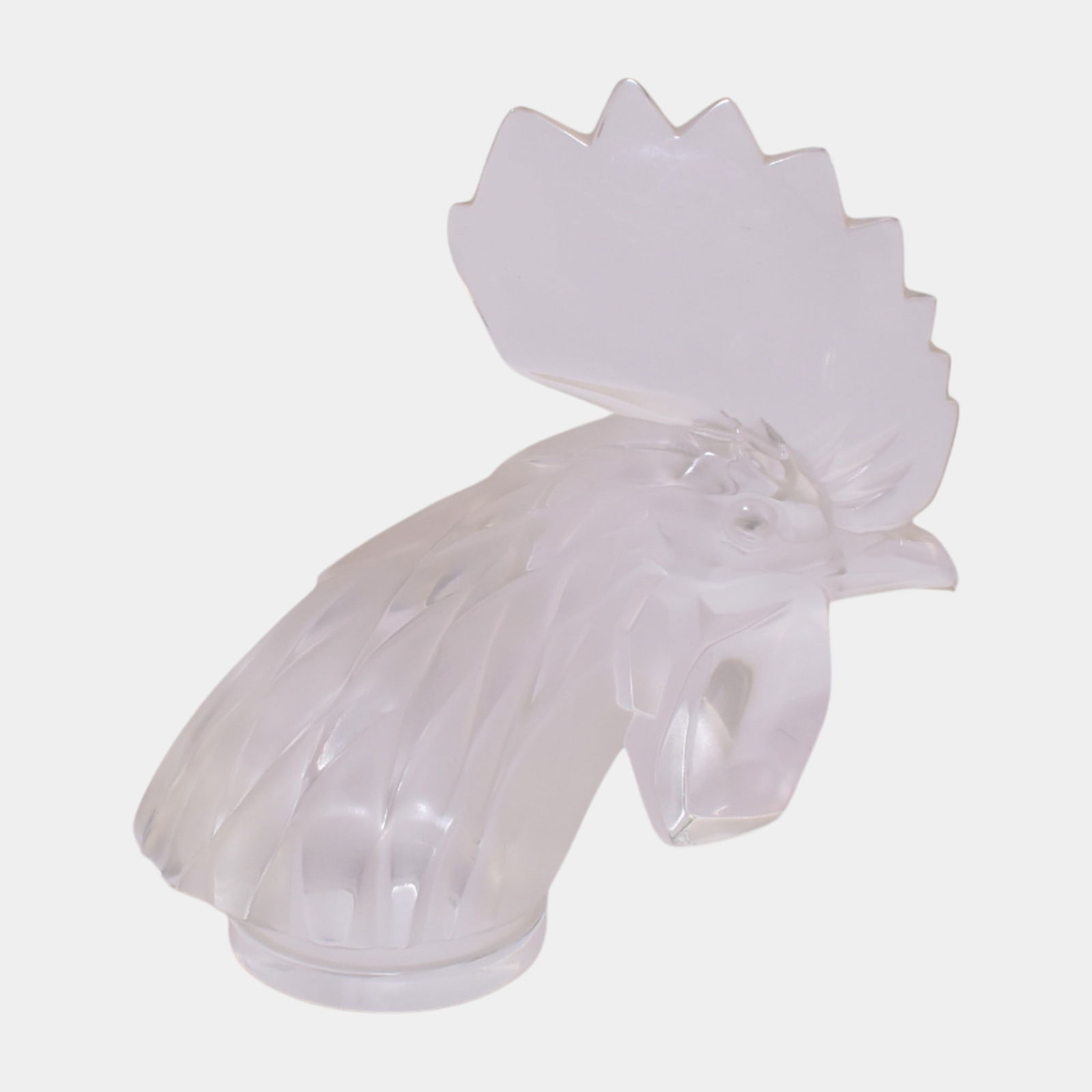 Lalique French Frosted Clear Crystal Rooster Head Hood Ornament Mascot: We offer affordable in-house shipping on all items. Lalique French Frosted Clear Crystal Rooster Head Hood Ornament Mascot Lalique frosted crystal rooster head figurine with sharply modeled plumage,