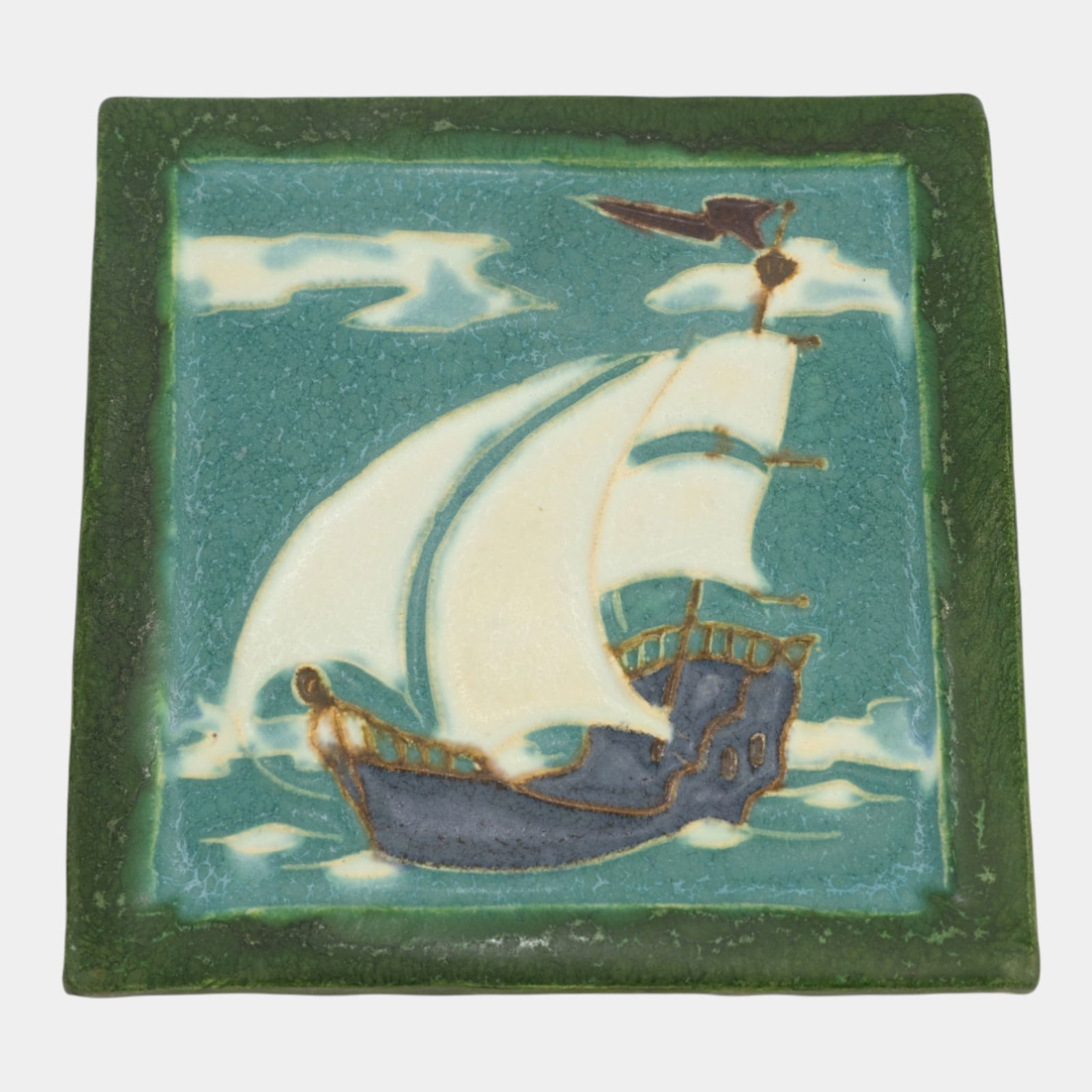 Ephraim Faience 2000 Art Pottery Green Blue "North Wind" Ship Tile (1 of 2)