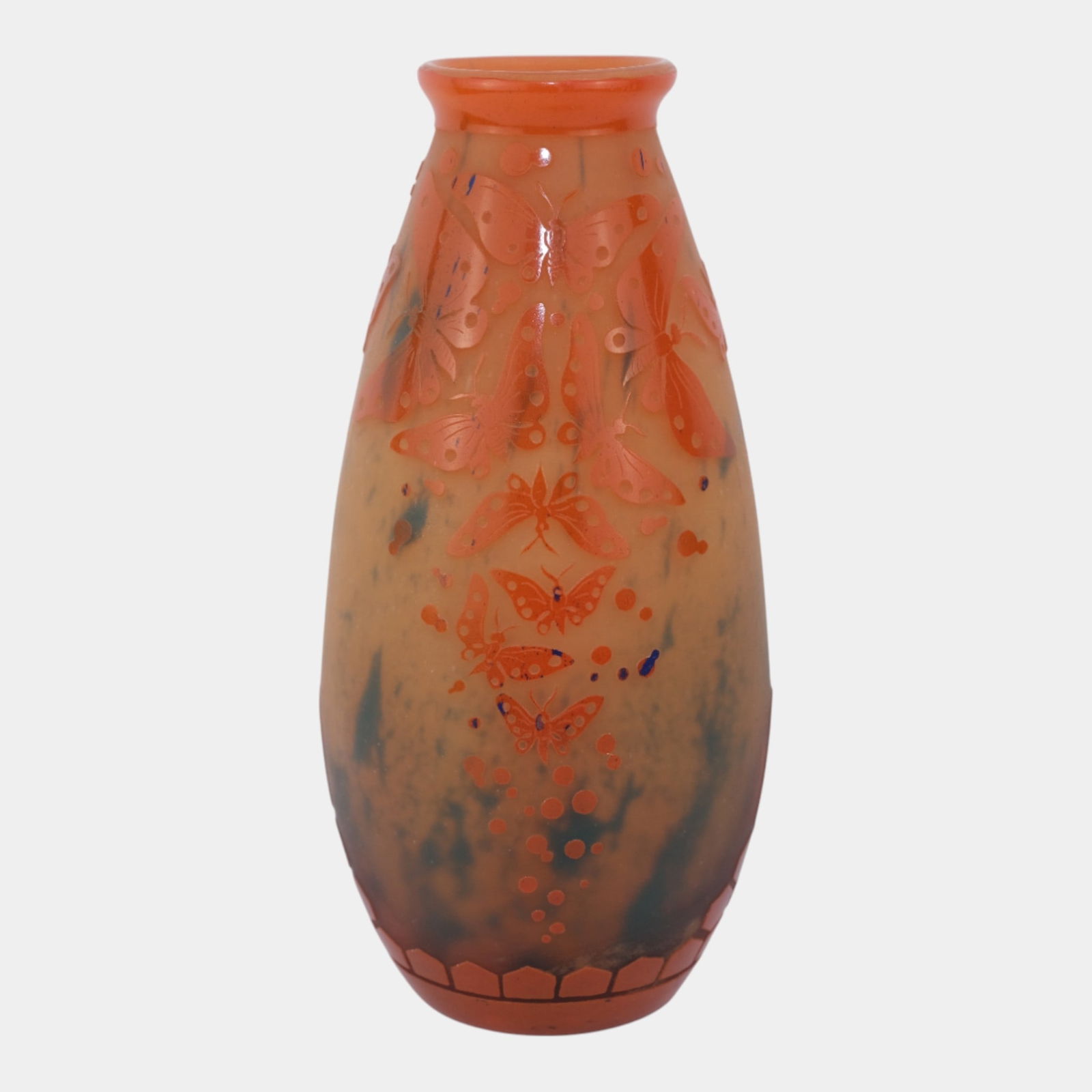 Schneider Le Verre Francais 1920s Orange Butterfly Decorated Cameo Glass Vase: We offer affordable in-house shipping on all items. Schneider Le Verre Francais 1920s Orange Butterfly Decorated Cameo Glass Vase Schneider Le Verre FranÃ§ais, 1920s cameo glass vase featuring styl