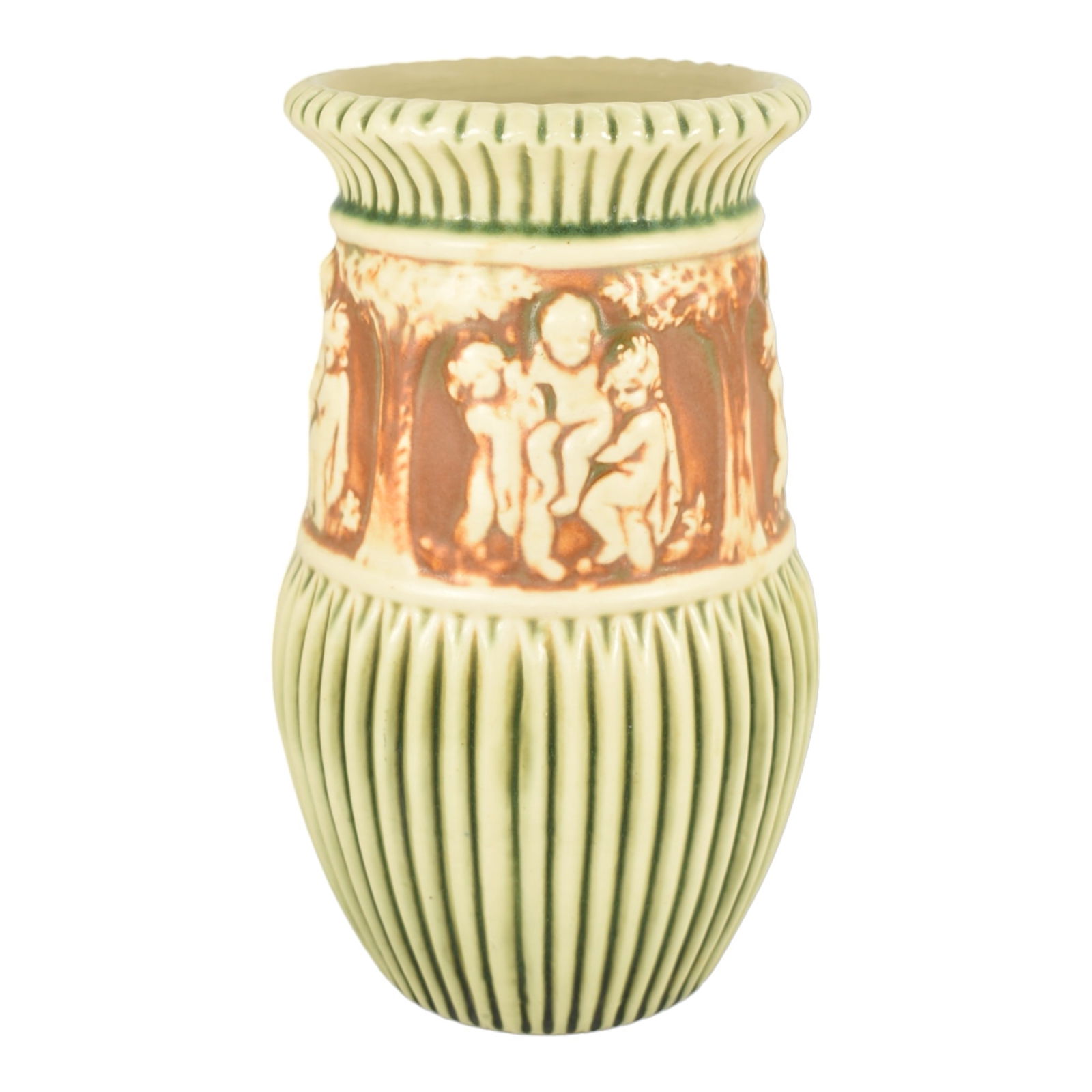 Roseville Donatello Green Ivory 1916 Vintage Art Pottery Ceramic Vase 107-10: We offer affordable in-house shipping on all items. Roseville Donatello Green Ivory 1916 Vintage Art Pottery Ceramic Vase 107-10 Tall, decorative vase with great mold and color. Excellent condition.