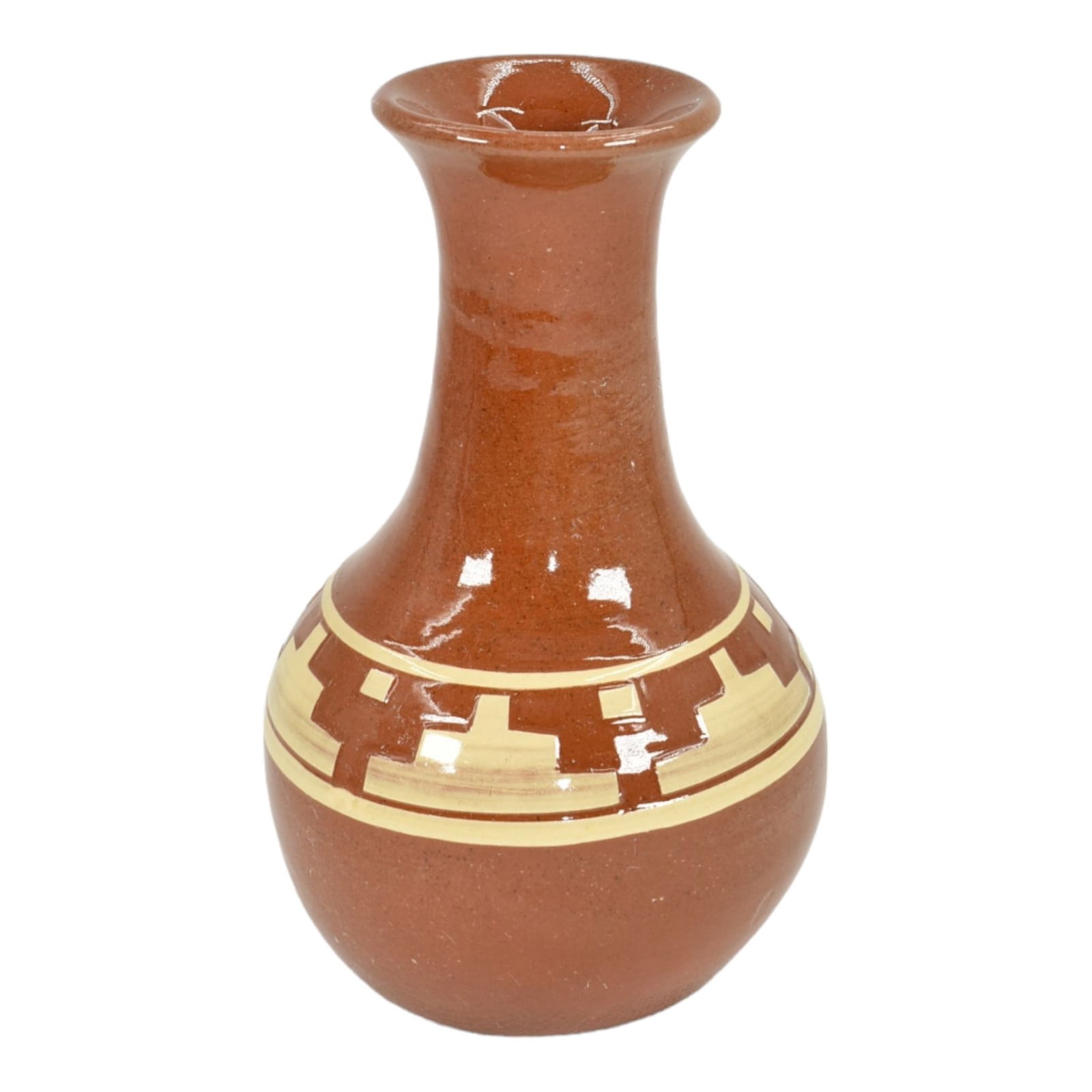 Pine Ridge Sioux Dakota Art Pottery Hand Made Native American Brown Vase Cottier: We offer affordable in-house shipping on all items. Pine Ridge Sioux Dakota Art Pottery Hand Made Native American Brown Vase Cottier Wonderful form with a Native American banded stair design to the b