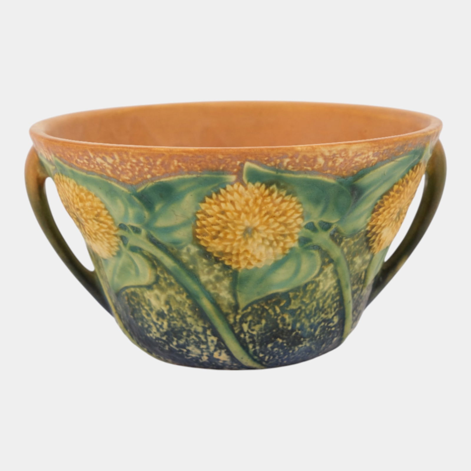 Roseville Sunflower 1930 Vintage Art Pottery Green Ceramic Handled Bowl 214-6 (1 of 7)