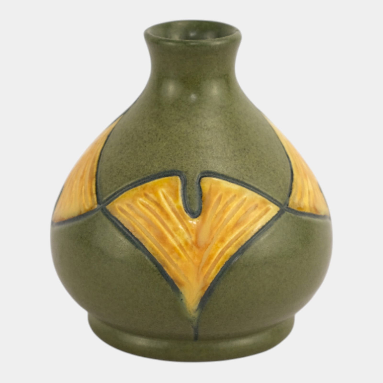 Ephraim Faience 2020 Art Pottery Matte Green Miniature Ginkgo Bottle: We offer affordable in-house shipping on all items. Ephraim Faience 2020 Art Pottery Matte Green Miniature Ginkgo Bottle Distinctive Ephraim Faience vase with stylized ginkgo leaf motifs in golden ye