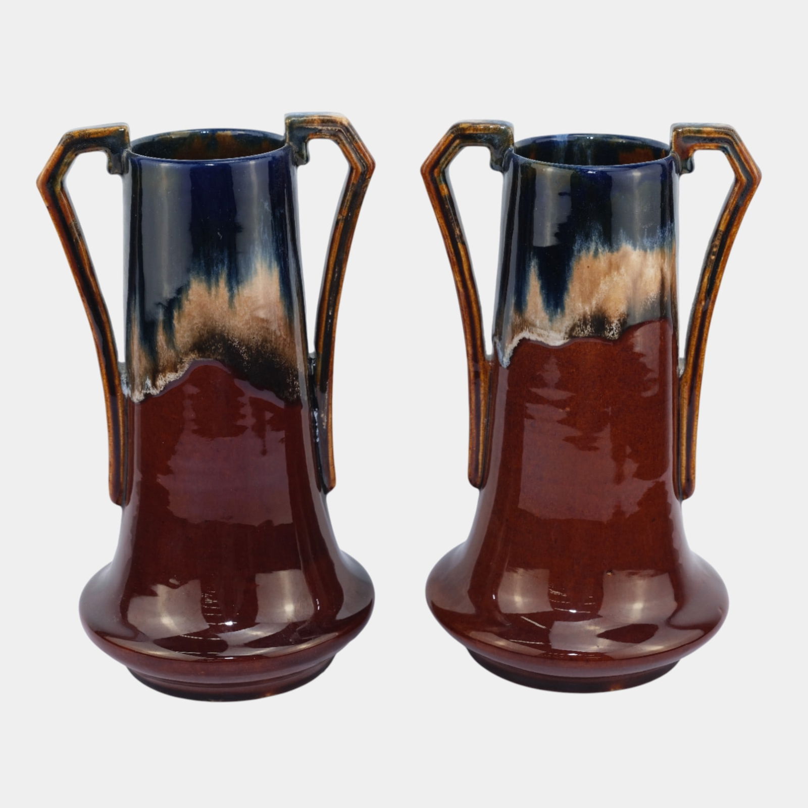 German 1920s Jugendstil Glossy Brown Drip Glaze Art Pottery Vases 487: We offer affordable in-house shipping on all items. German 1920s Jugendstil Glossy Brown Drip Glaze Art Pottery Vases 487 Excellent condition. Age related wear. Vases are 10 1/2" tall and 6" wide.
