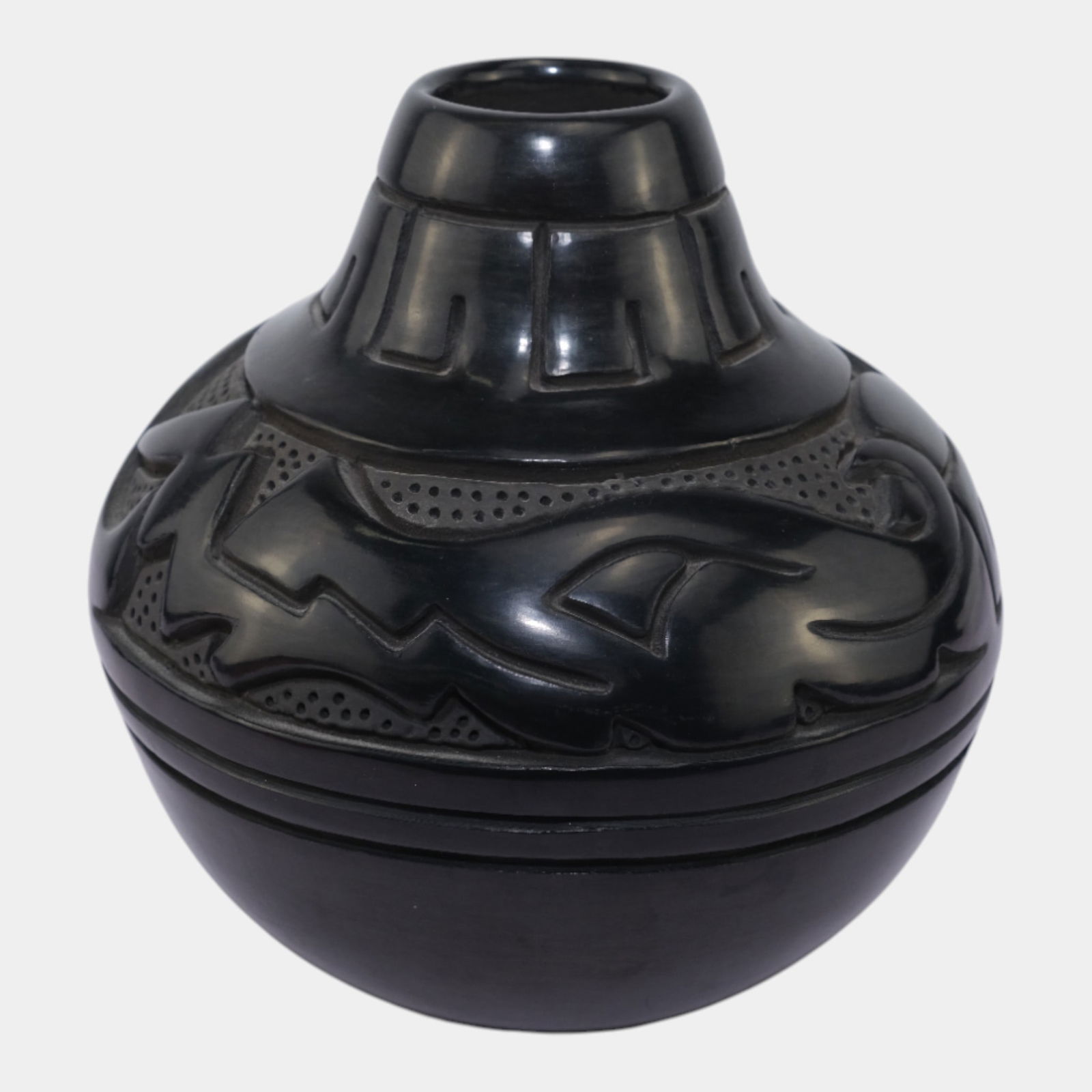 Marlin & Phyllis Hemlock Santa Clara Blackware Native American Pottery Vase: We offer affordable in-house shipping on all items. Marlin & Phyllis Hemlock Santa Clara Blackware Native American Pottery Vase Boldly sculpted and deeply symbolic, this Santa Clara blackware vase by