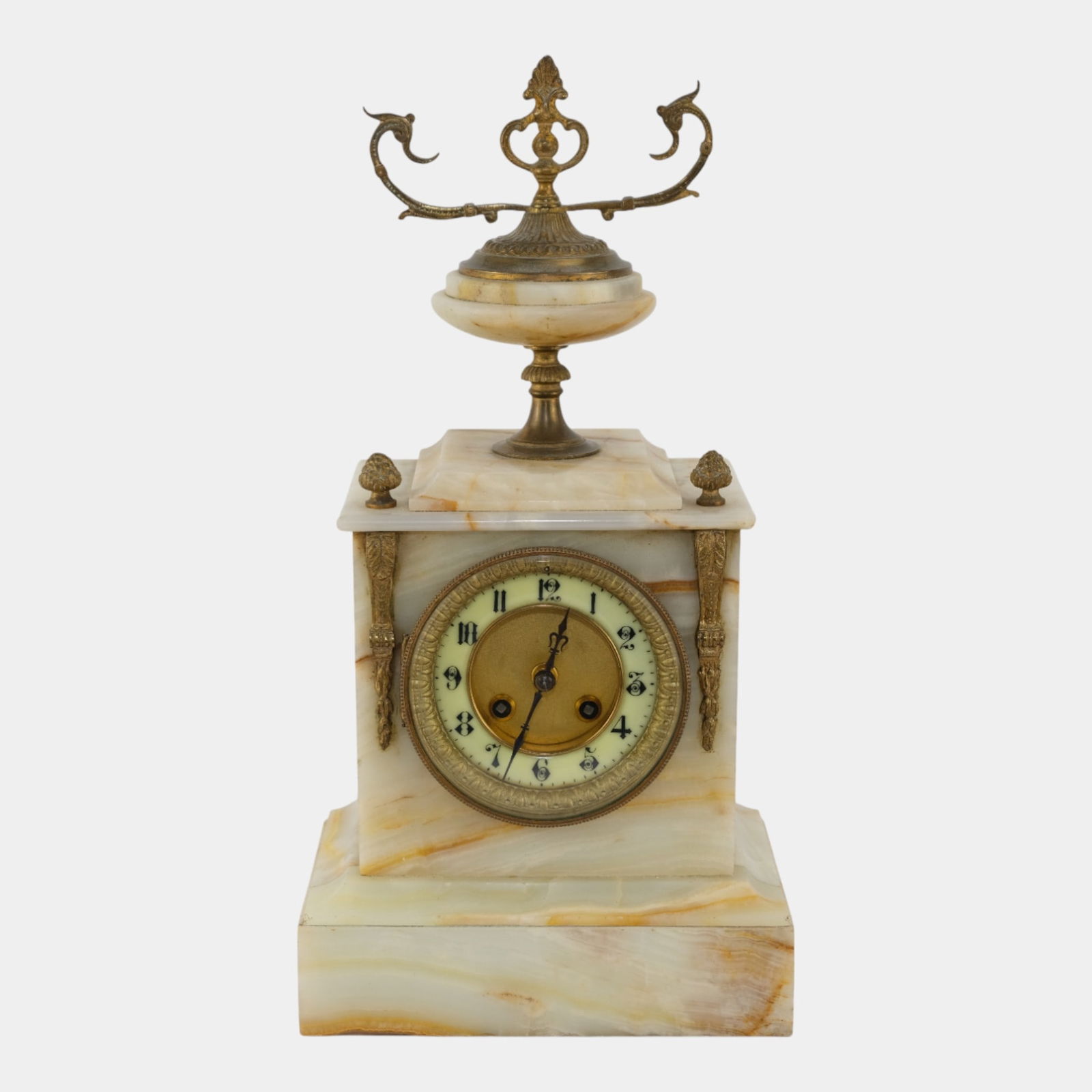 19th Century French White Brown Onyx Cased Mantle Clock Ornate Gold Gilt Accents (1 of 11)
