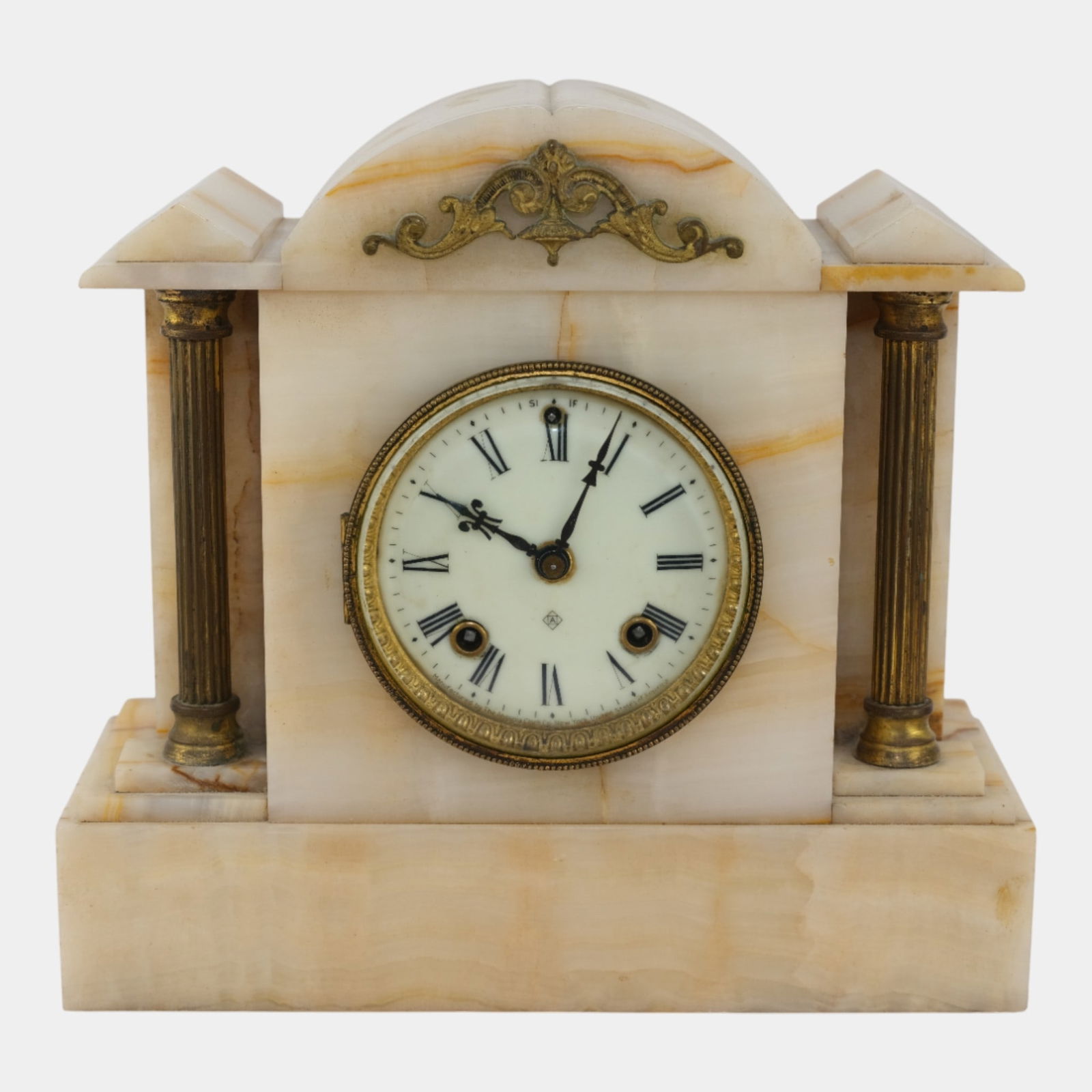 Ansonia Clock Co. 1900s White Brown Onyx Cased Mantle Clock Ornate Gold Gilt Accents (1 of 13)