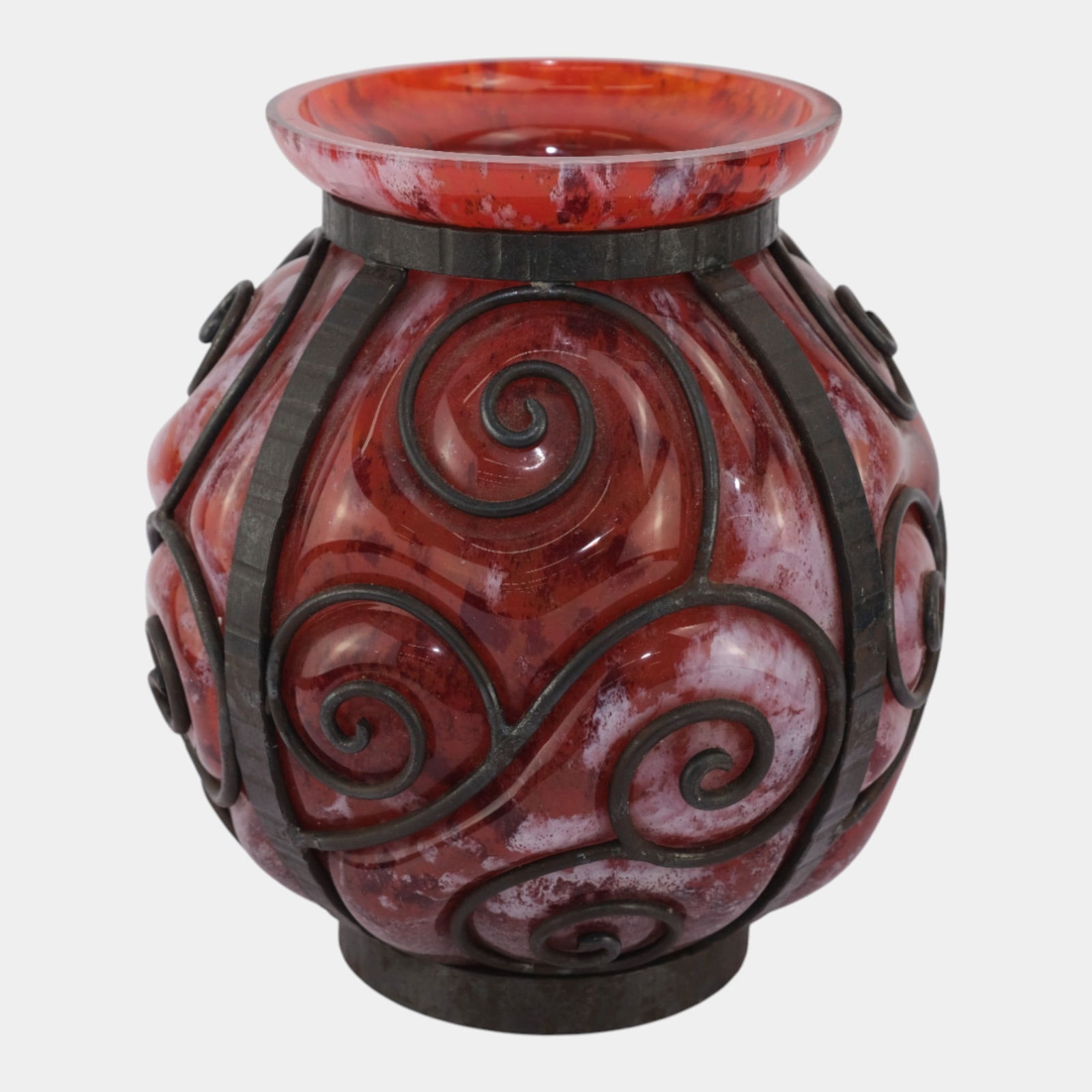 Louis Majorelle and Daum Wrought Iron Caged Bulbous Red Art Glass Vase: We offer affordable in-house shipping on all items. Louis Majorelle and Daum Wrought Iron Caged Bulbous Red Art Glass Vase Bulbous red art glass vase encased in sculptural wrought iron by Louis Major