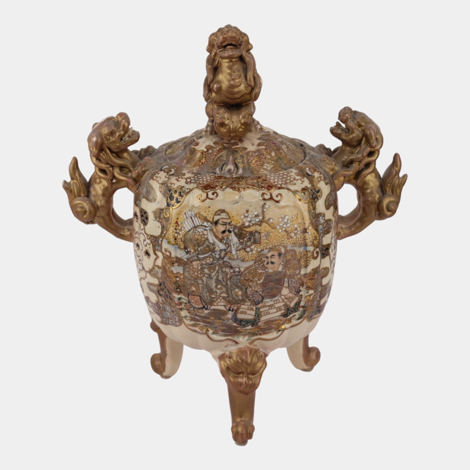 Japanese Late 19th Century Satsuma Art Pottery Lidded Censer With Komainu Lion Dogs: We offer affordable in-house shipping on all items. Japanese Late 19th Century Satsuma Art Pottery Lidded Censer With Komainu Lion Dogs Late 19th century Japanese Satsuma censer of baluster form, lav