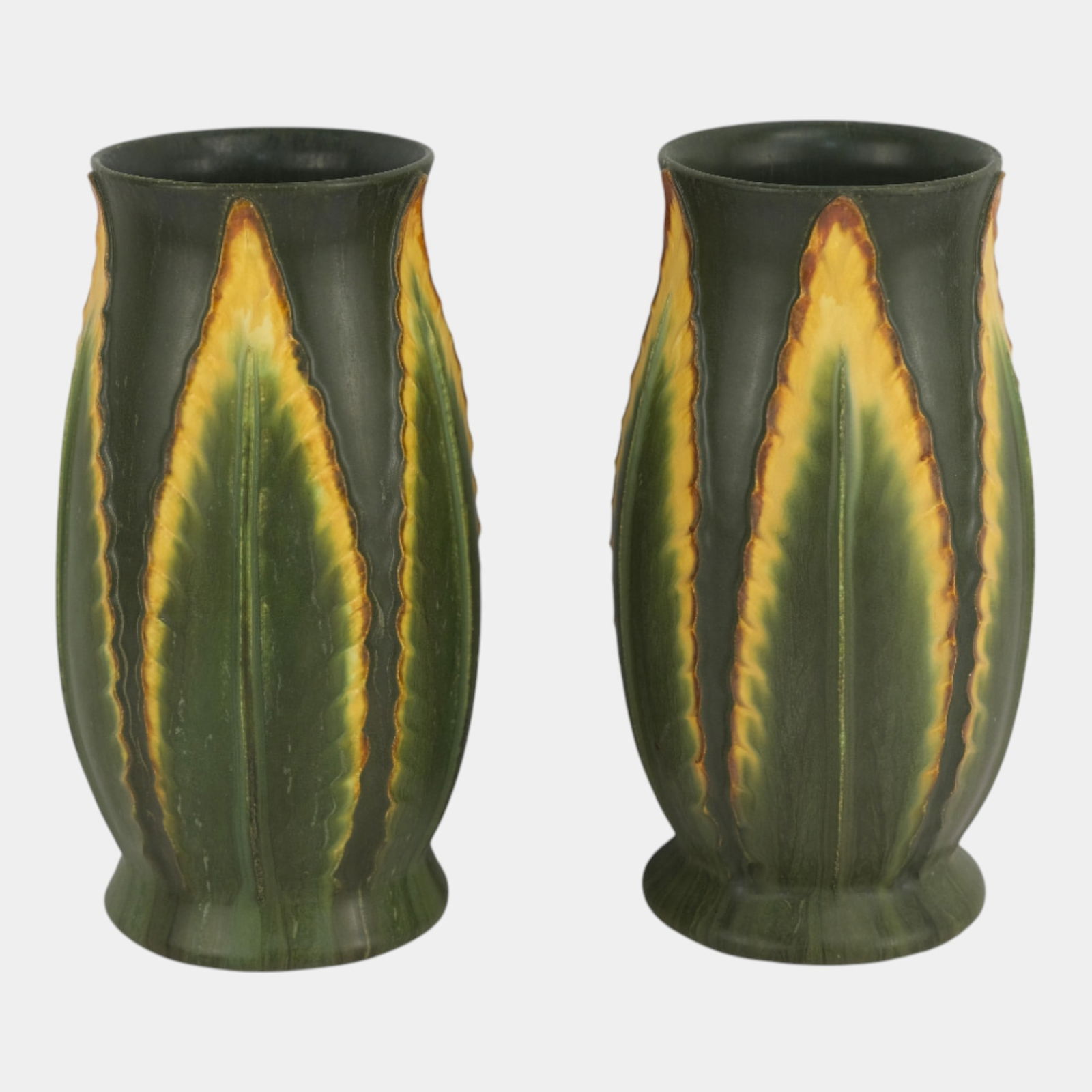Ephraim Faience 2003 Matte Green Yellow Feathery Leaf Vases (1 of 3)