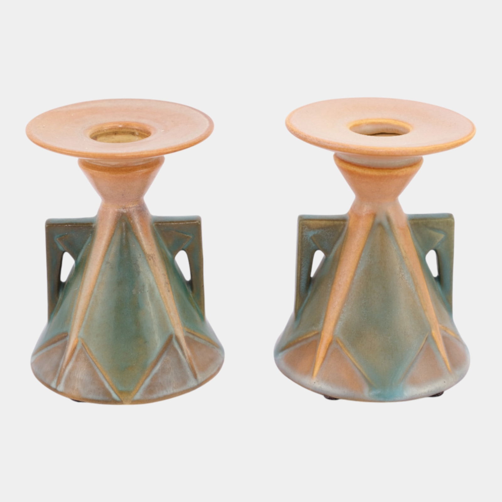 Roseville Futura 1928 Vintage Art Pottery Aztec Ladies Candle Holders 1072-4: We offer affordable in-house shipping on all items. Roseville Futura 1928 Vintage Art Pottery Aztec Ladies Candle Holders 1072-4 PAIR Roseville Futura Aztec Candlesticks Pair PR, to buttressed handle