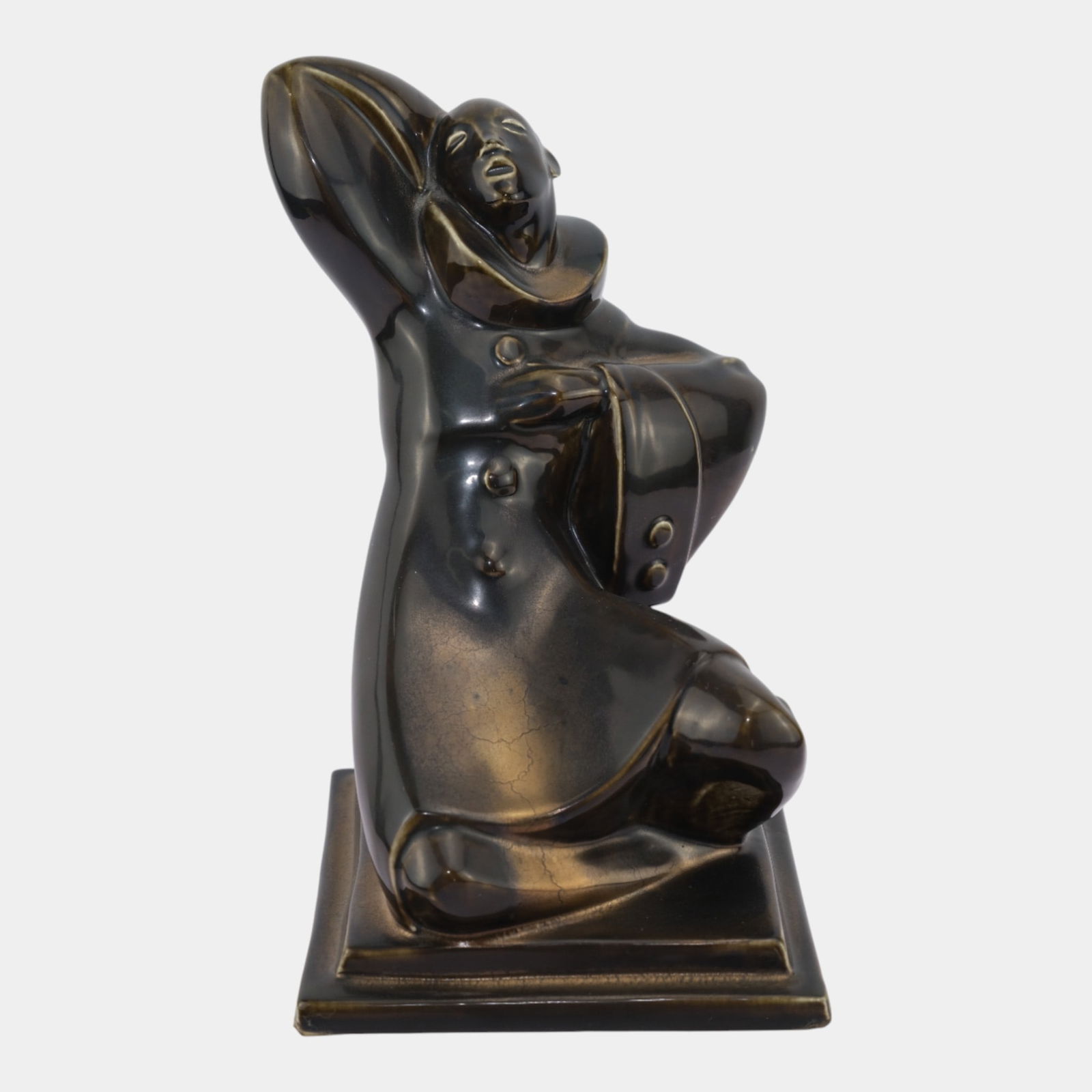 Leon Victor Solon For AETCO 1930s Art Deco Black Glazed Art Pottery Figural Sculpture: We offer affordable in-house shipping on all items. Leon Victor Solon For AETCO 1930s Art Deco Black Glazed Art Pottery Figural Sculpture A Studio sculpture piece by AETCO of a Pierrot or Monk style