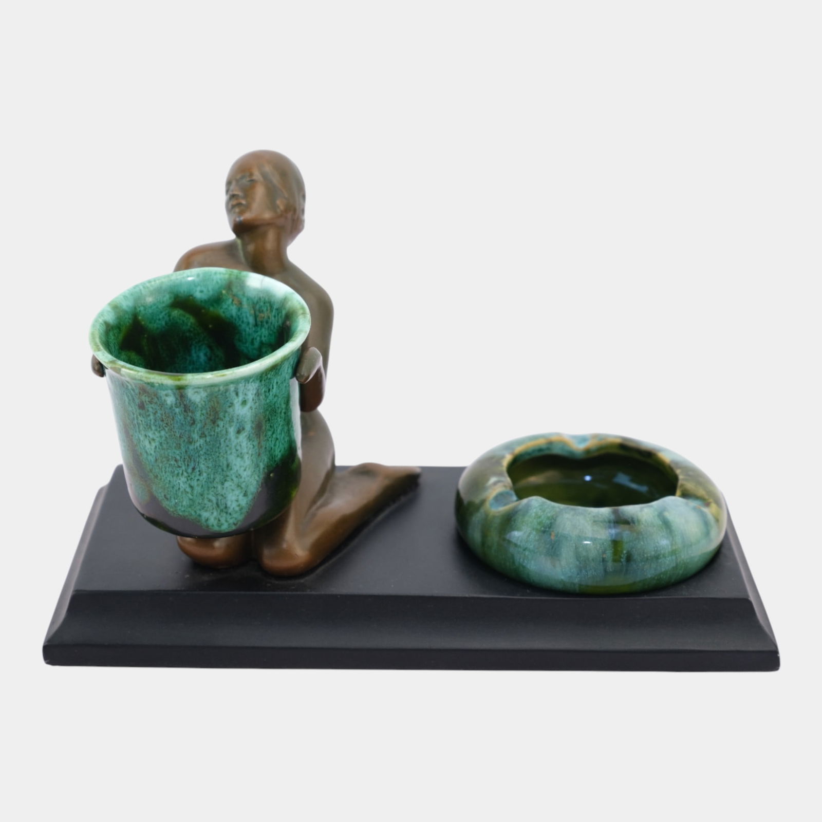 Nuart NYC 1920s Art Deco "Offering Girl" And McCoy Onyx Match Holder And Ashtray: We offer affordable in-house shipping on all items. Nuart NYC 1920s Art Deco "Offering Girl" And McCoy Onyx Match Holder And Ashtray Nuart titled "Offering Girl" shape# K743 / K-743 with both origina