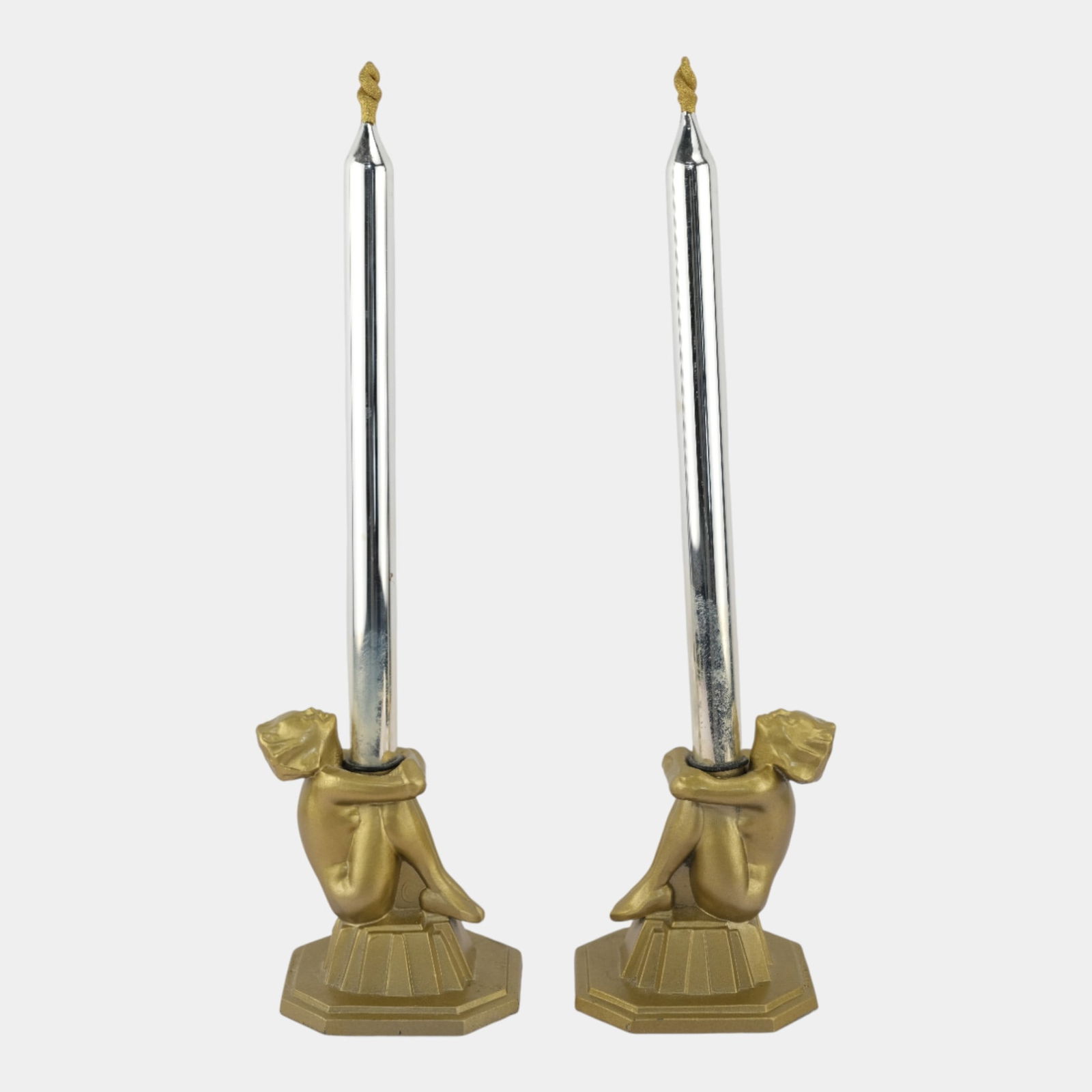 Frankart 1920s Art Deco Gold Tone Seated Nudes Candle Holders On Stepped Base (1 of 9)