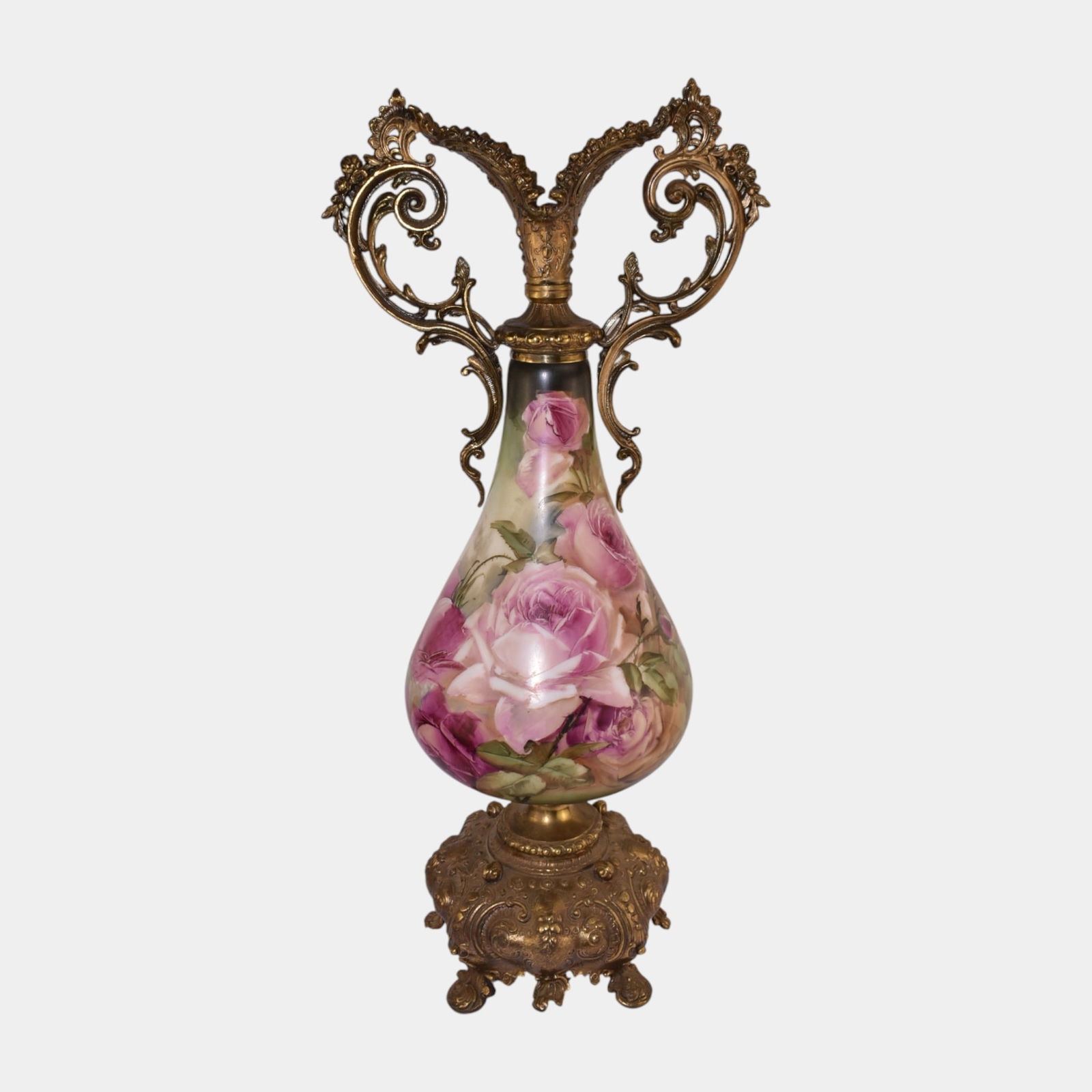 European Art Nouveau Gold Gilt Mounted Hand Painted Pink Rose Handled Ewer (1 of 3)