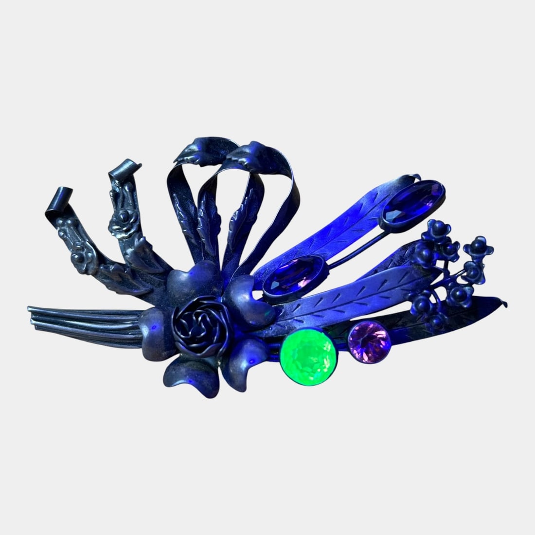 Hobe 1940s Sterling Silver 925 Large Floral Brooch Uranium Glass Stone & Others (1 of 4)