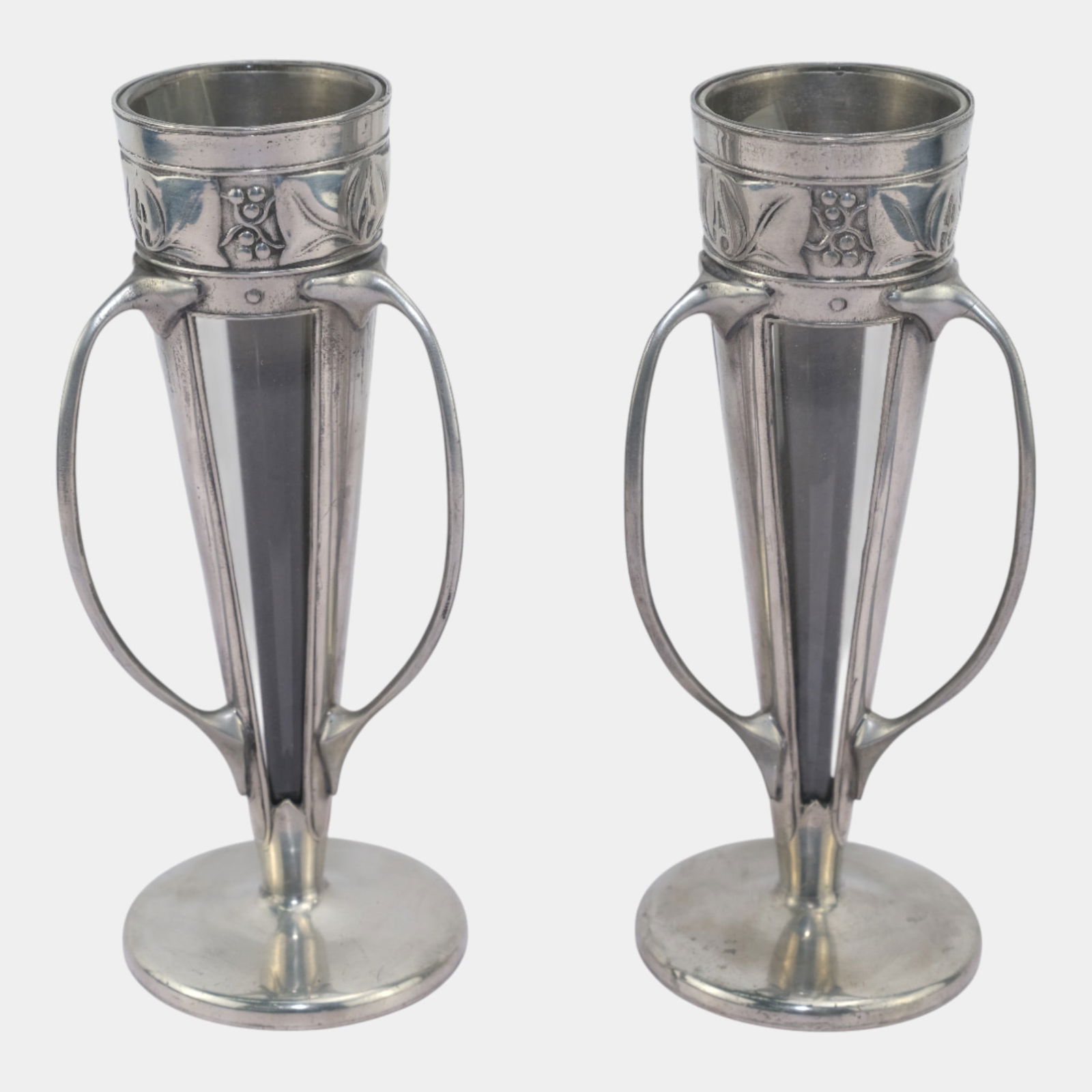 Archibald Knox For Liberty & Co. Art Nouveau Pewter Glass Insert Handled Vases 0957: We offer affordable in-house shipping on all items. Archibald Knox For Liberty & Co. Art Nouveau Pewter Glass Insert Handled Vases 0957 Gracefully balanced and elegantly restrained, this Art Nouveau