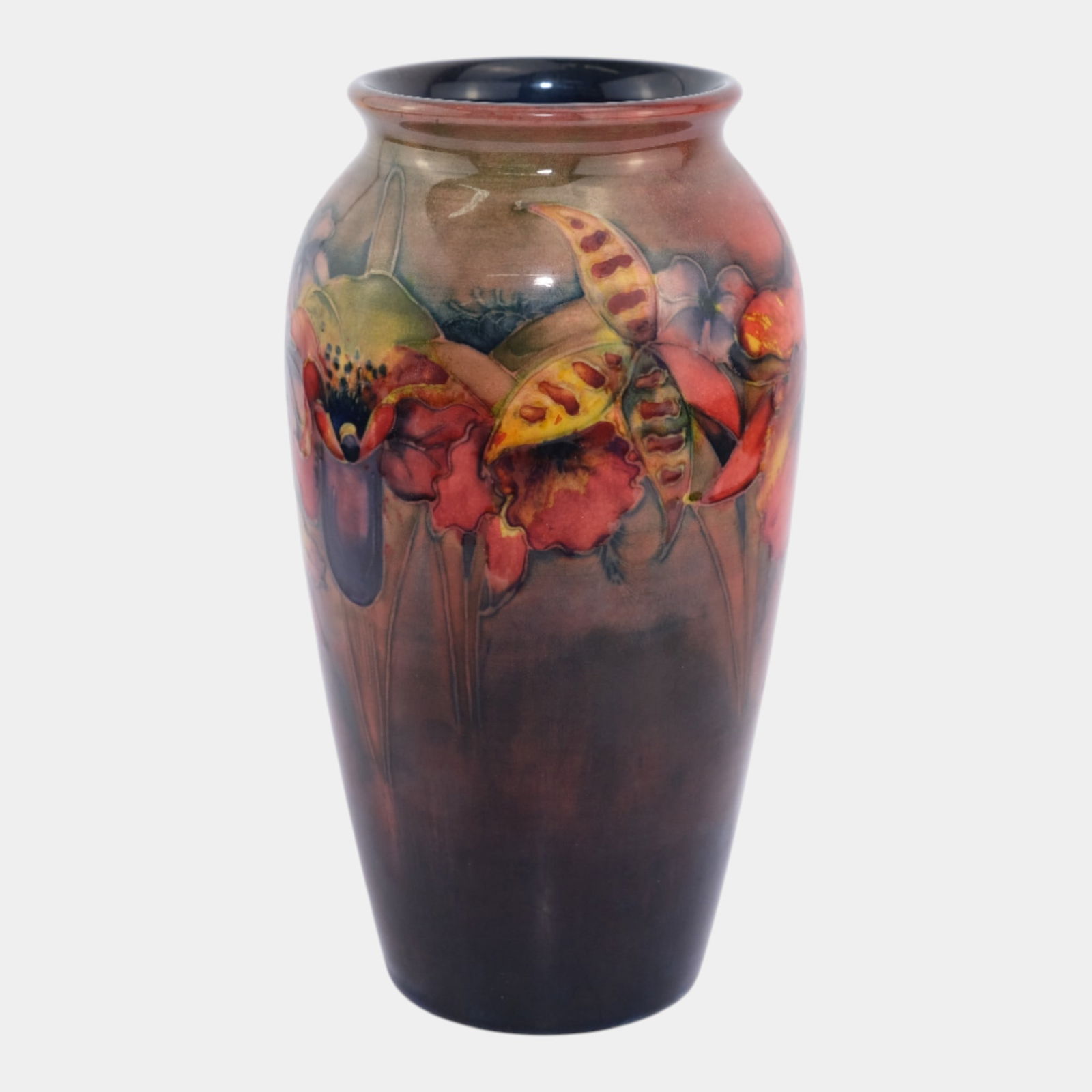Moorcroft English Art Pottery Red Flambe Orchid Floral Banded Ceramic Vase: We offer affordable in-house shipping on all items. Moorcroft English Art Pottery Red Flambe Orchid Floral Banded Ceramic Vase Lovely vase decorated with colorful orchid flowers with a rich brown fla