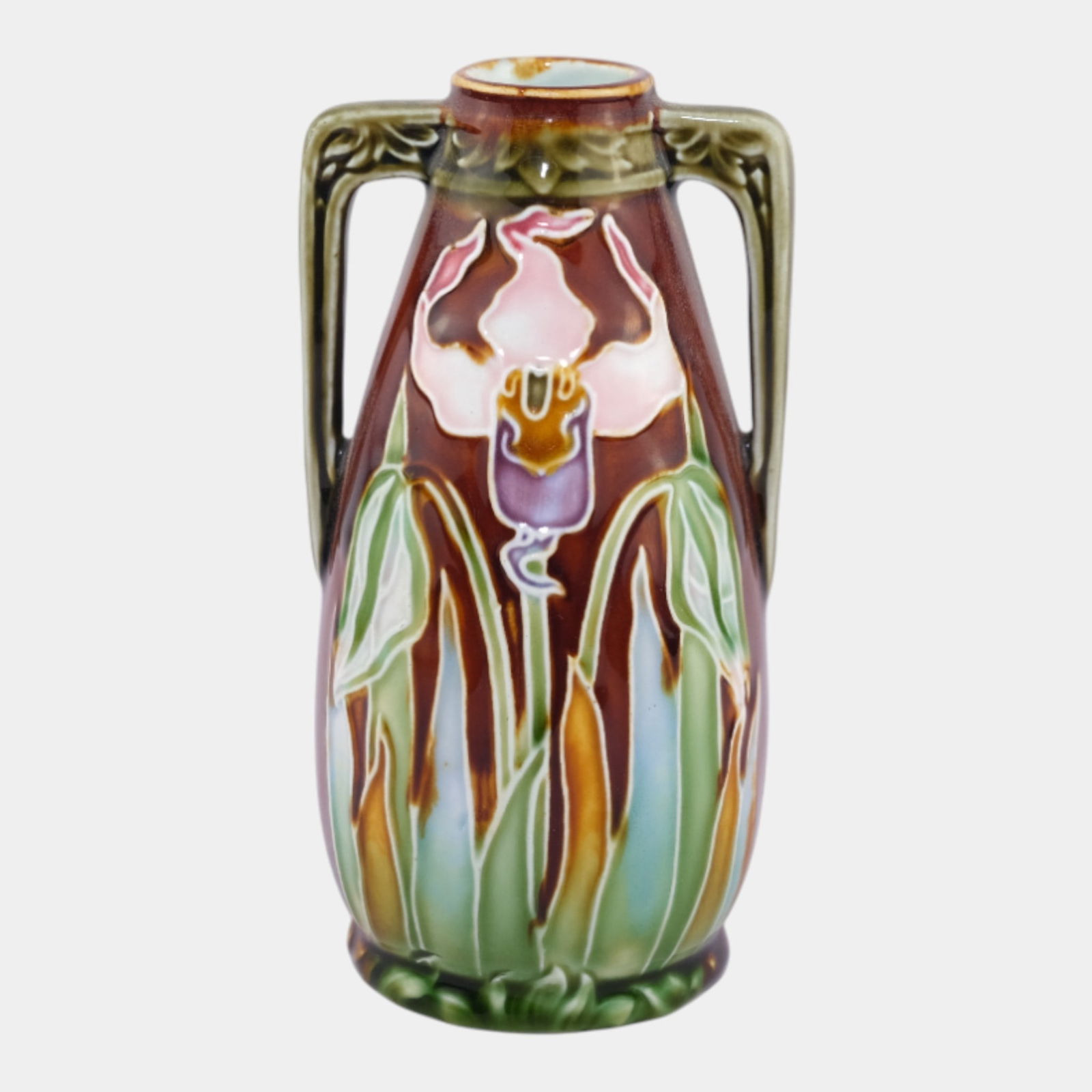 Frie Onnaing French 1900s Majolica Art Nouveau Floral Double Handled Vase: We offer affordable in-house shipping on all items. Frie Onnaing French 1900s Majolica Art Nouveau Floral Double Handled Vase Nice form with great color and glaze. Excellent original condition. No ch